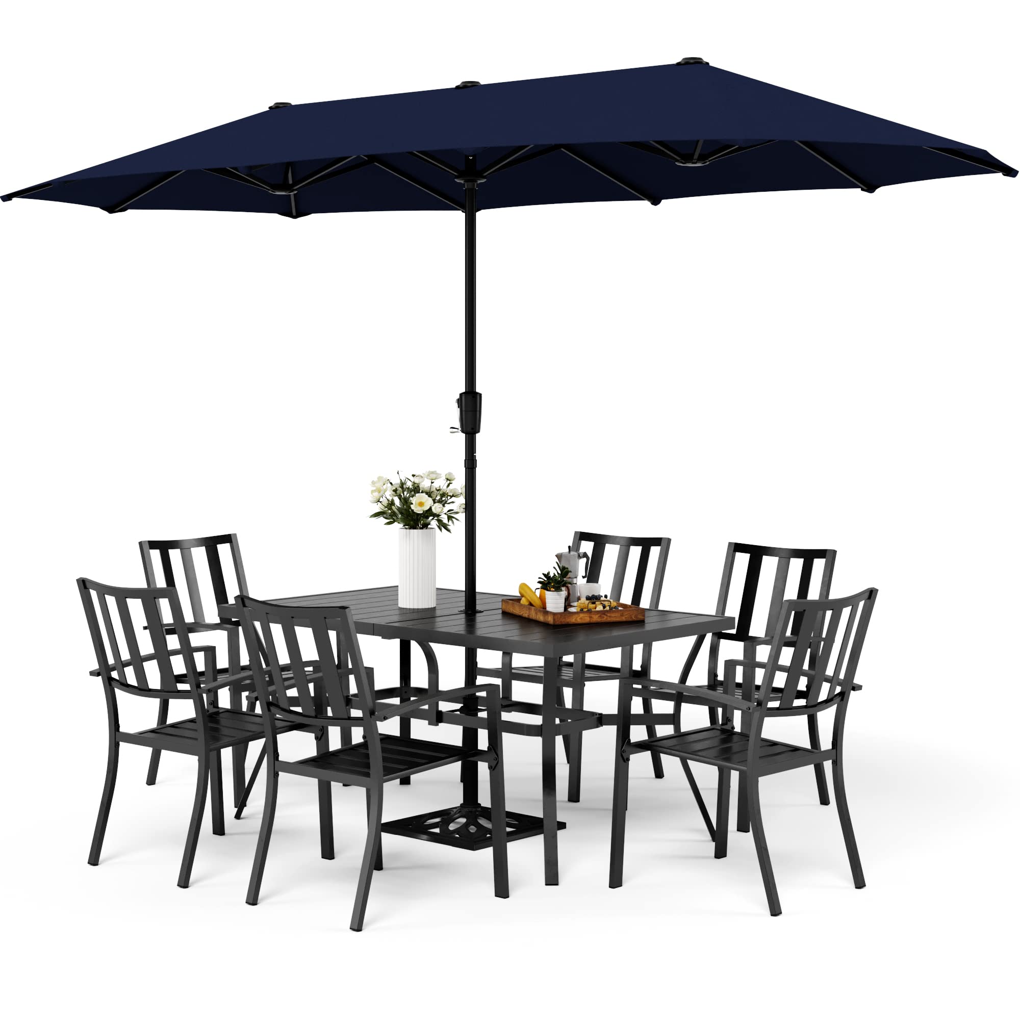 MFSTUDIO 8-Piece Outdoor Dining Set with 6 Steel Slat Chairs, Rectangular Metal Table & 13ft Double-Sided Umbrella (Navy Blue) - Perfect for Backyard BBQs, Poolside Gatherings & Garden Parties (Base Not Included)