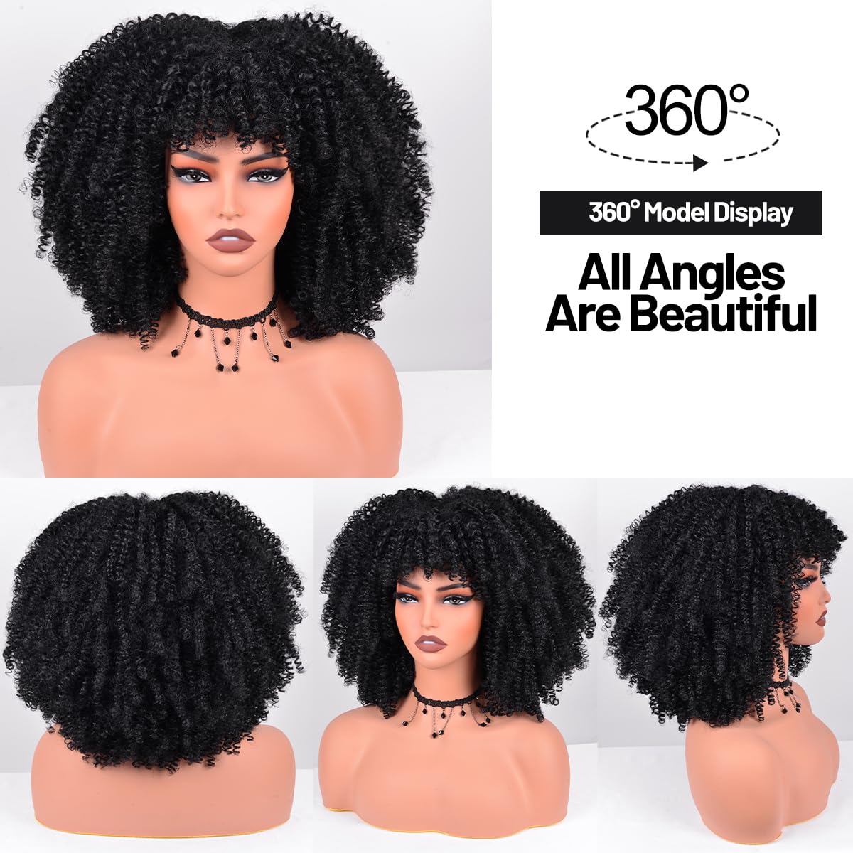 12 Inch Afro Curly Wig with Bangs - Heat Resistant Synthetic Kinky Curly Wig for Women (280g) - Perfect for Daily Wear & Party Hairstyles - Black Short Afro Wig for Natural Look & Special Occasions