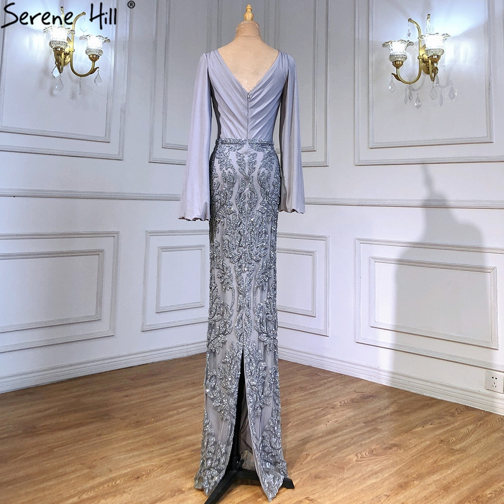 Serene Hill Grey Luxury Mermaid Evening Dresses for Women - Elegant Beaded Lantern Sleeve Gowns for Prom, Party & Formal Events | LA71484