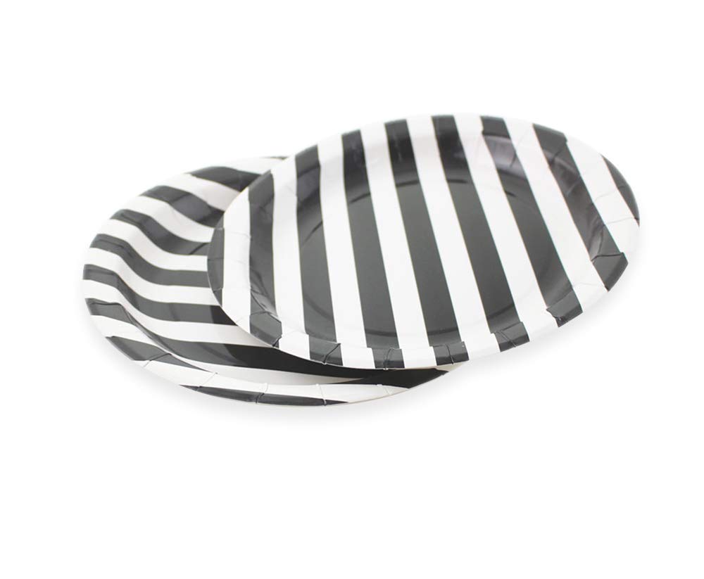 Black Striped Paper Plates 72pcs - 9 Inch Round Disposable Party Plates for Desserts, Cakes, Fruits - Perfect for Birthday Parties, Baby Showers & Picnics