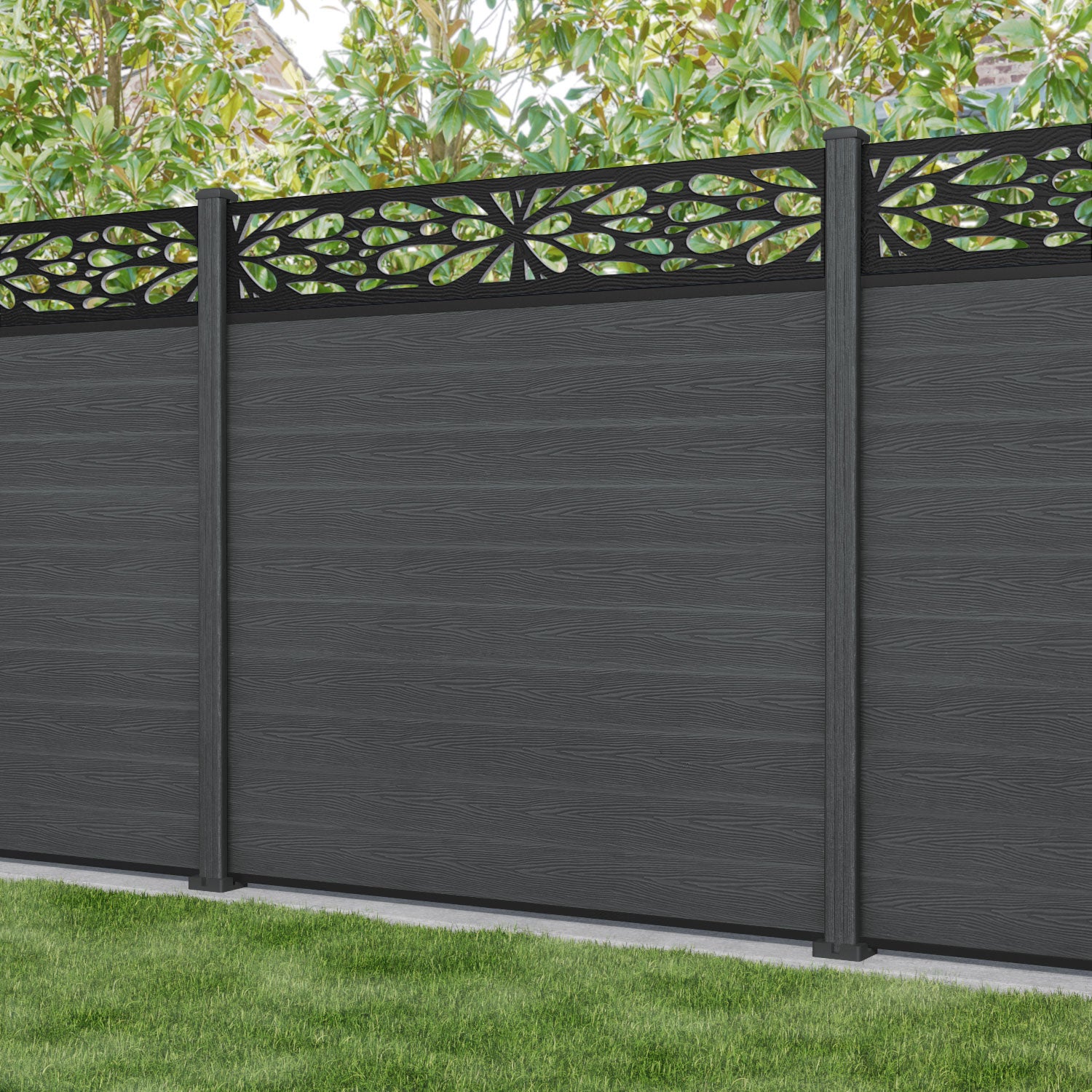 Classic Blossom Fence Panel - Dark Grey Composite Privacy Fencing with Durable Posts | Perfect for Backyard, Garden, and Patio Decoration