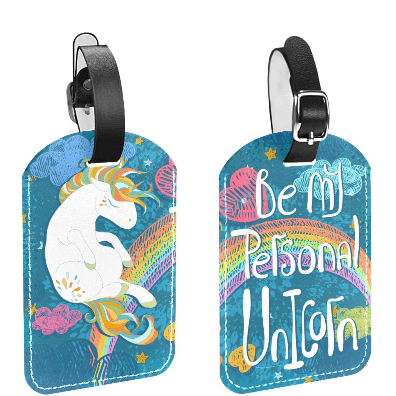 2 Packs PU Leather Luggage Tags with Privacy Flap Cover - Waterproof Suitcase Labels for Travel, Cruise Ships & Airports - Cute Unicorn Design 