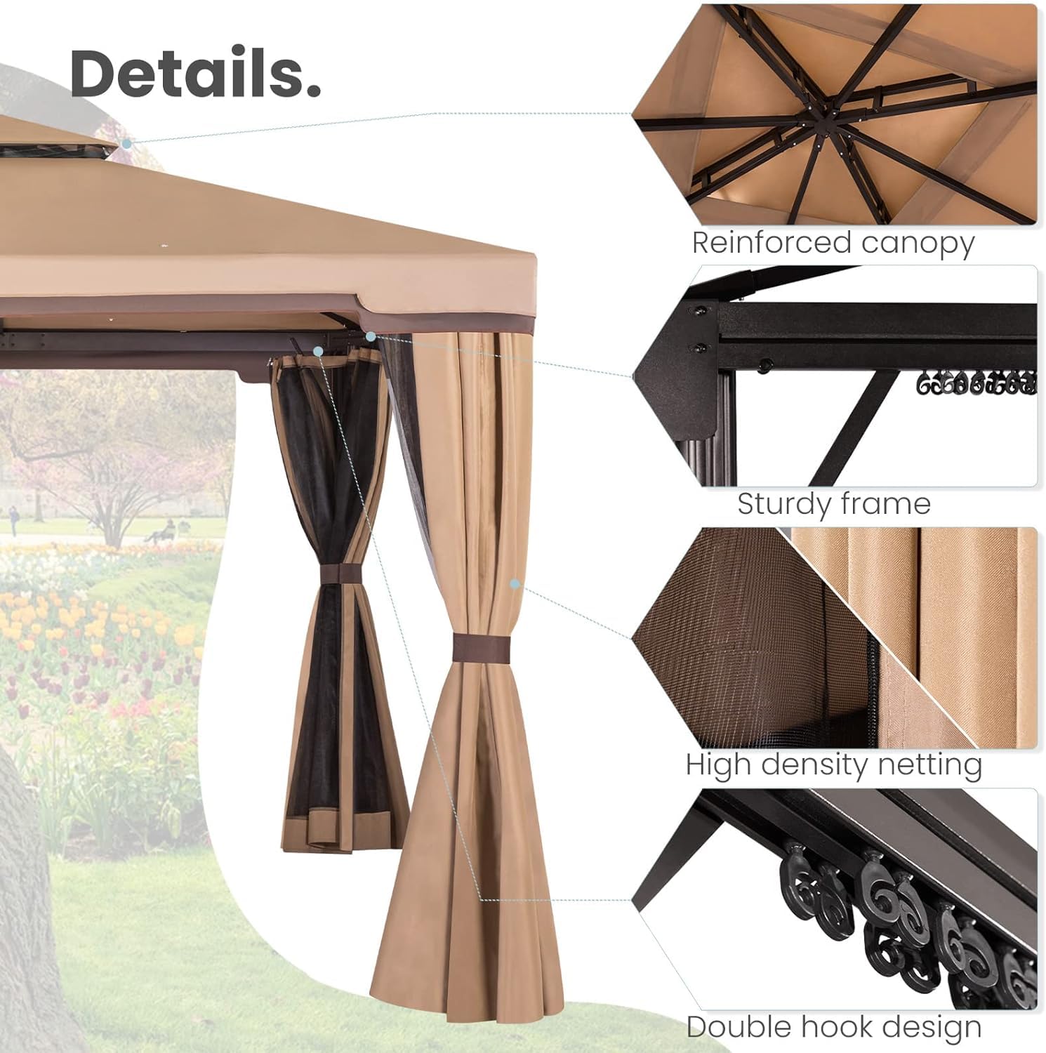 10' x 10' All-Season Permanent Soft-Top Patio Gazebo with Mosquito Netting & Shade Curtains - Brown Outdoor Canopy for Backyard, Garden, and Poolside Relaxation