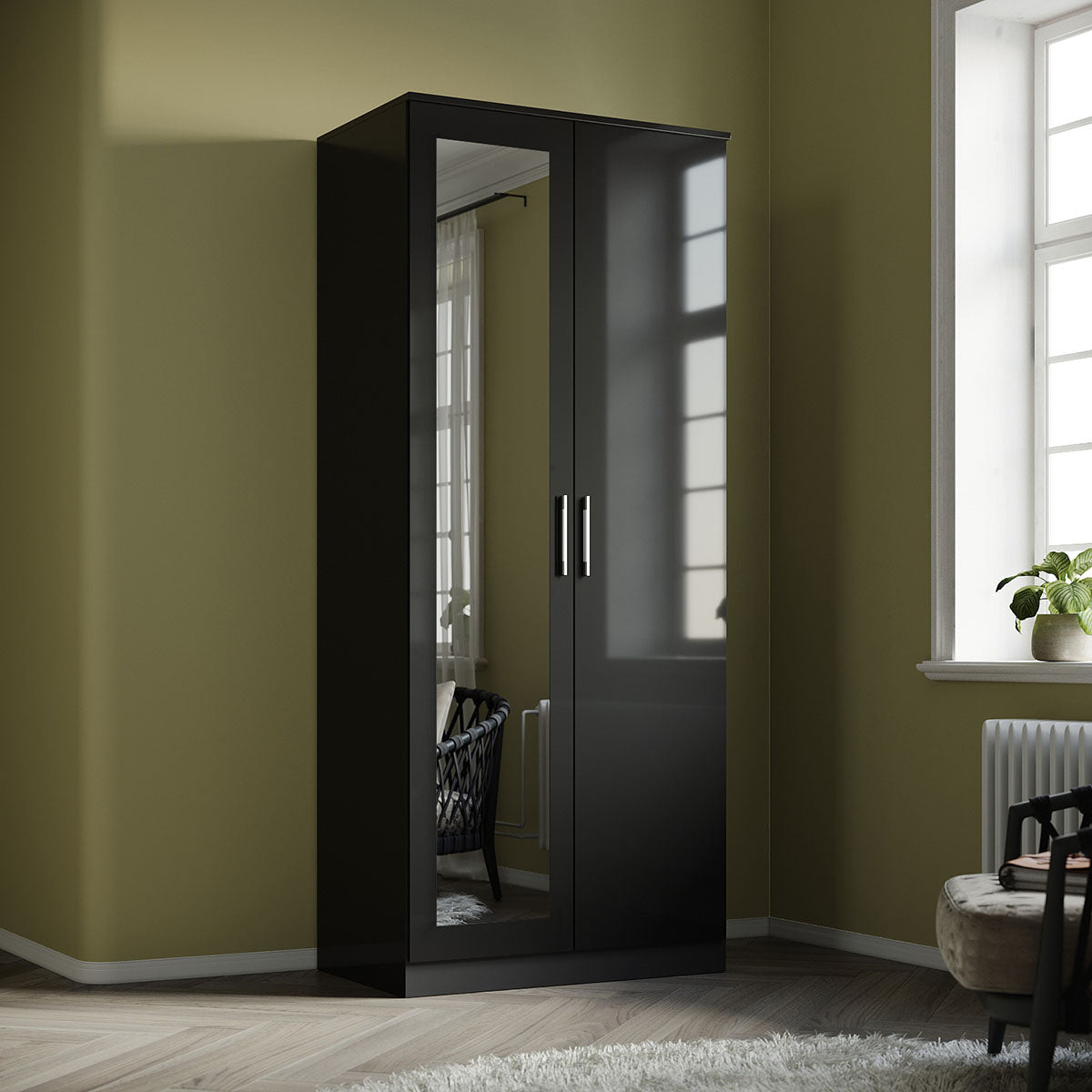 2 Door Wardrobe with Mirror - High Gloss Finish Large Storage Cabinet for Bedroom & Closet Organization - Modern Furniture for Home & Office Use