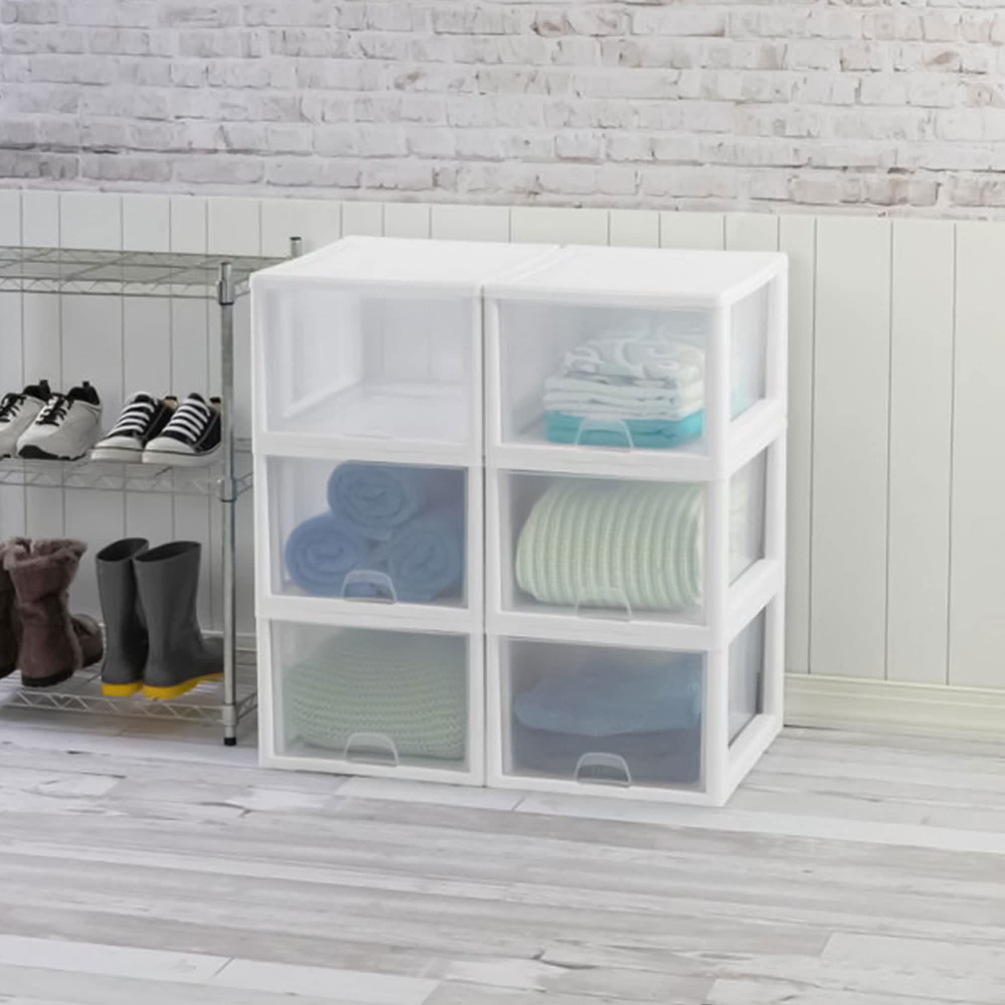 Sterilite 27 Quart (4 Pack) & 16 Quart (6 Pack) Clear Plastic Stackable Storage Drawers - White Organizer Bins for Home, Office & Closet Organization