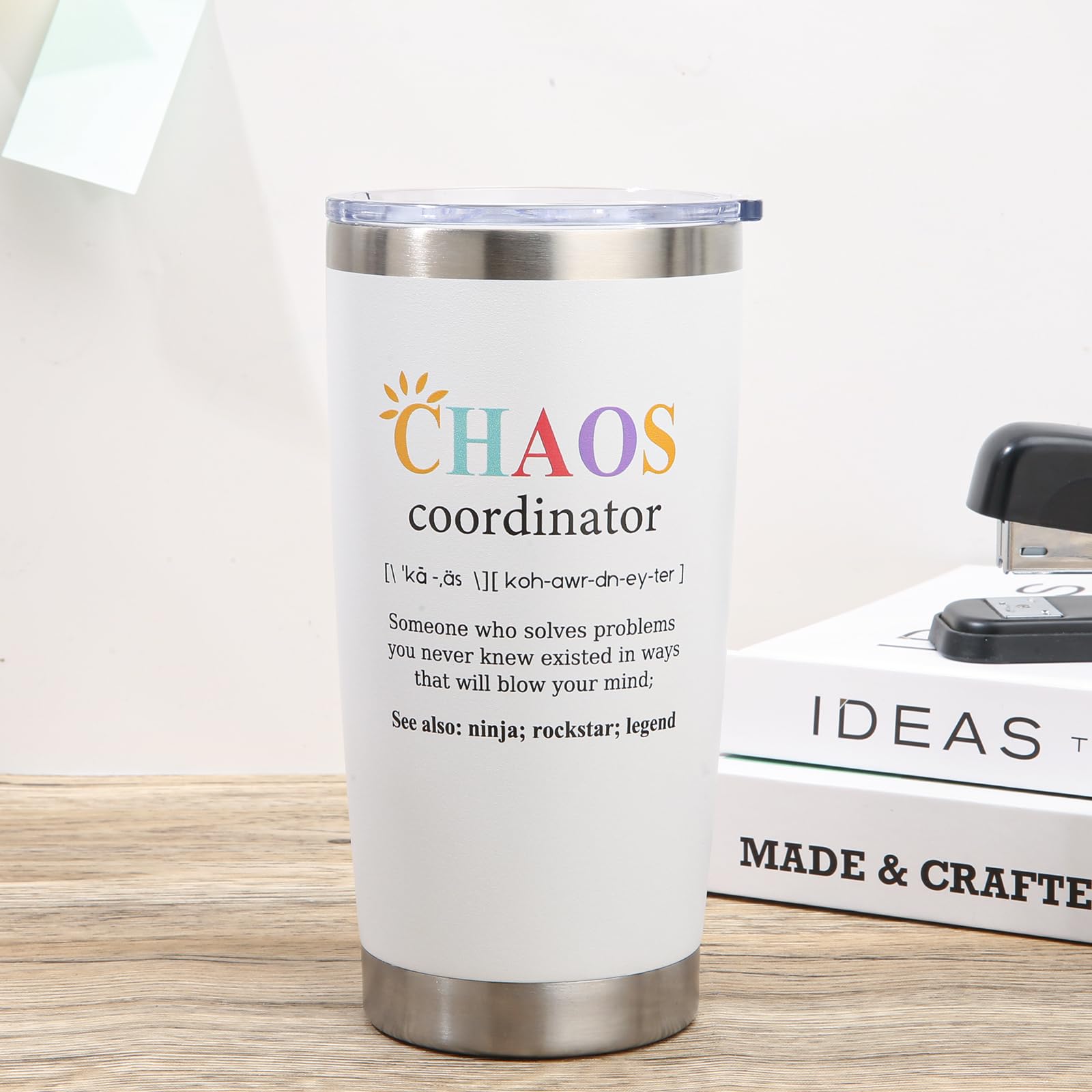 NOWWISH Chaos Coordinator Tumbler 20oz - Funny Thank You Gift for Mom, Women, Coworkers, Teachers & Nurses - Perfect for Mother's Day, Birthday & Office Appreciation - White Insulated Cup for Coffee, Tea & Daily Use
