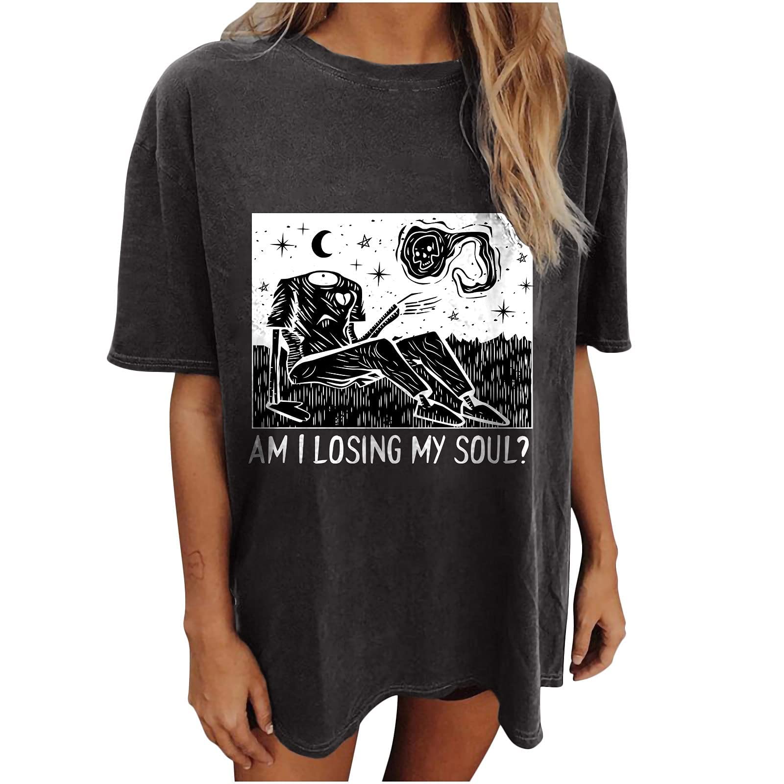 Vintage Graphic T-Shirts for Women - Oversized Crewneck Skeleton Print Workout Top, Casual Loose Fit Short Sleeve Shirt | Gym, Yoga, Running & Everyday Wear
