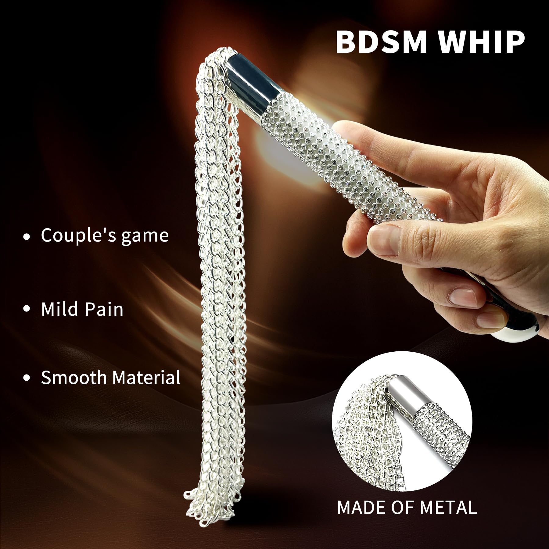 BDSM Metal Diamond Handle Chain Whip & Adjustable Satin Sex Mask Set - 3 Pcs Bondage Gear for Couples Role Play, Spanking, Sensory Play & Kinky Fantasy Fetish Accessories
