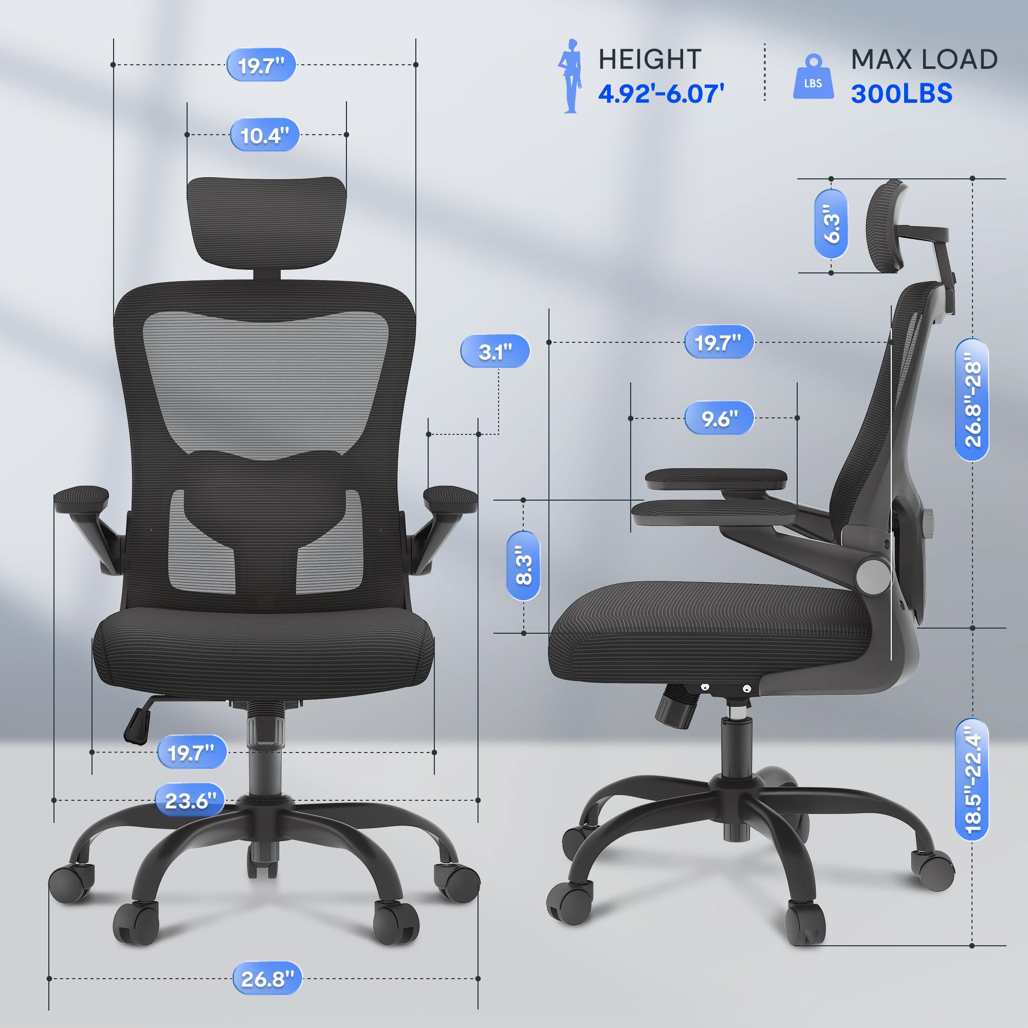 FLEXISPOT Ergonomic Office Chair - Adjustable Mesh Computer Desk Chair with 3D Flip-Up Armrests, Headrest & Lumbar Support - High Back Rolling Task Chair with Swivel Wheels (Black, 2-Pack) - Perfect for Home Office, Gaming & Workspace Comfort