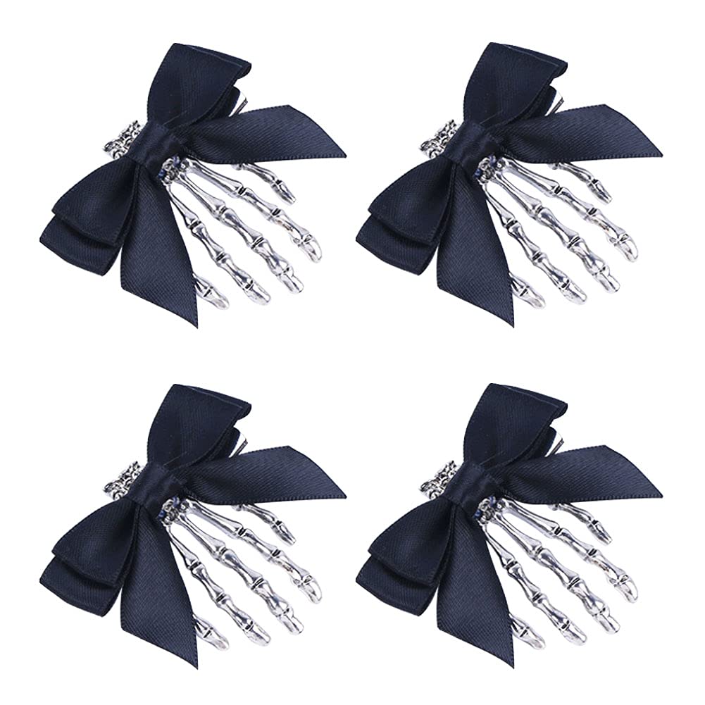 Lanebudd Skull Hair Clips - 4 Pack Halloween Skeleton Claw Hairpins with Bow for Girls | Cute Gothic Hair Accessories for Costume Parties, Cosplay & Spooky Events