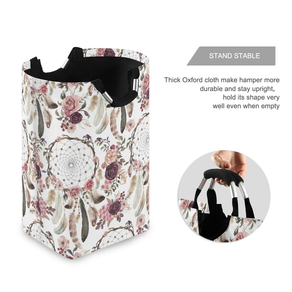 AUUXVA Boho Ethnic Dreamcatcher Rose Flower Laundry Hamper - Collapsible Clothes Basket, Foldable Storage Bin & Shopping Bag - Perfect for Bedroom, Bathroom, Dorm & Kids Toy Organization
