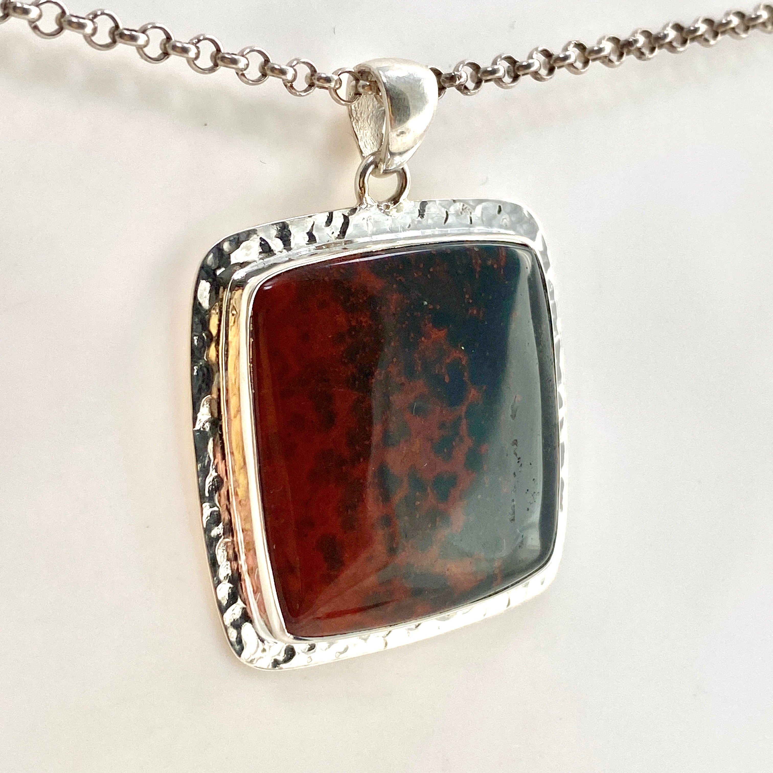Natural Bloodstone Square Cabochon Pendant in Hammered Sterling Silver Setting KPGJ4743 - Perfect for Healing Jewelry, Meditation & Spiritual Gifts