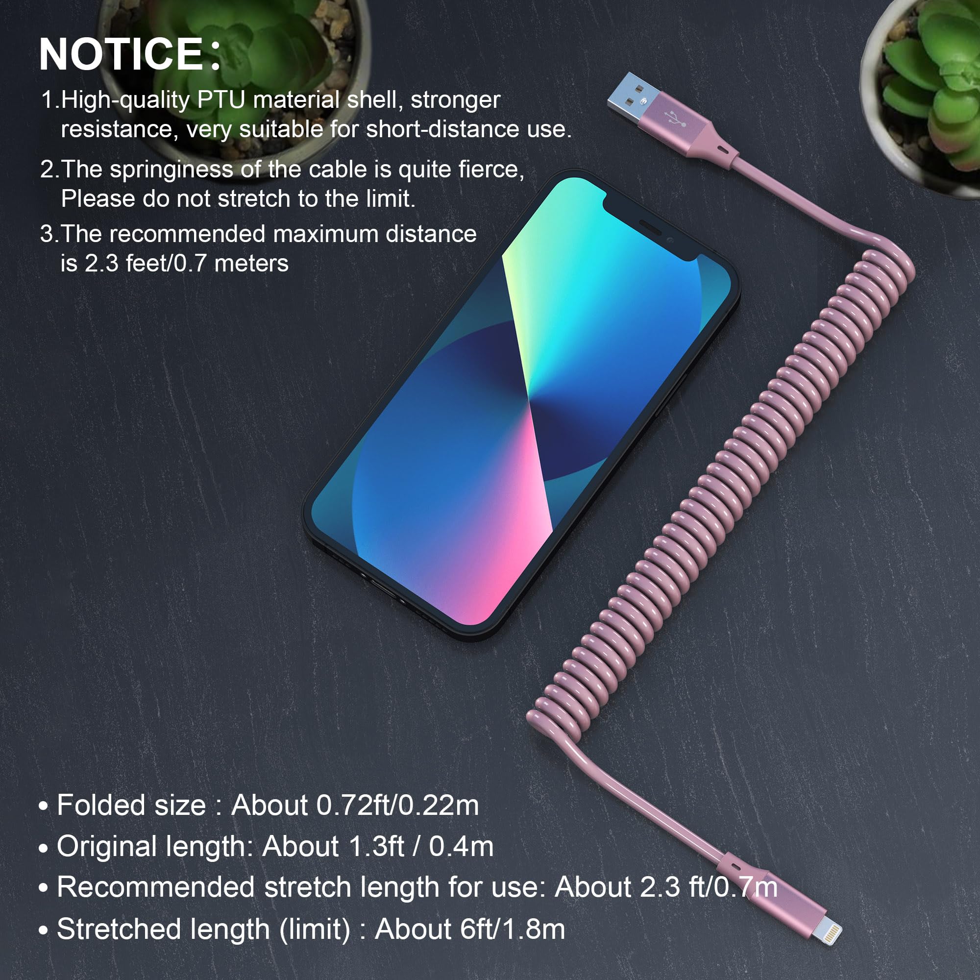 Apple MFi Certified Coiled Lightning Cable - Short Retractable iPhone Car Charger with Data Sync for iPhone/iPad/iPod (Pink) | Fast Charging & Durable for Carplay, Home, Office & Travel Use