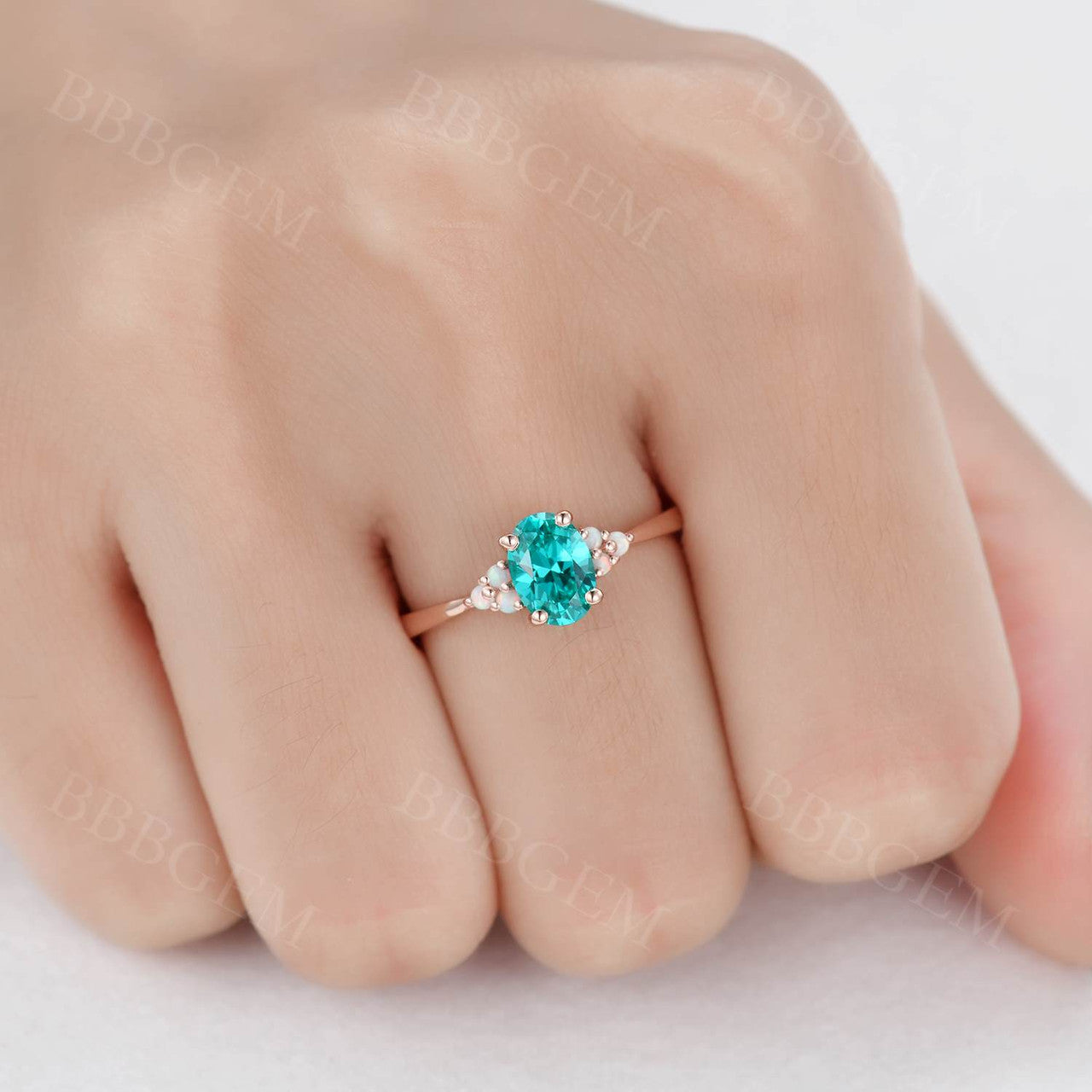 5x7mm Oval Cut Green Garnet Engagement Ring in 14K Rose Gold with Opal Accent Stones - Perfect for Weddings, Anniversaries & Romantic Gifts