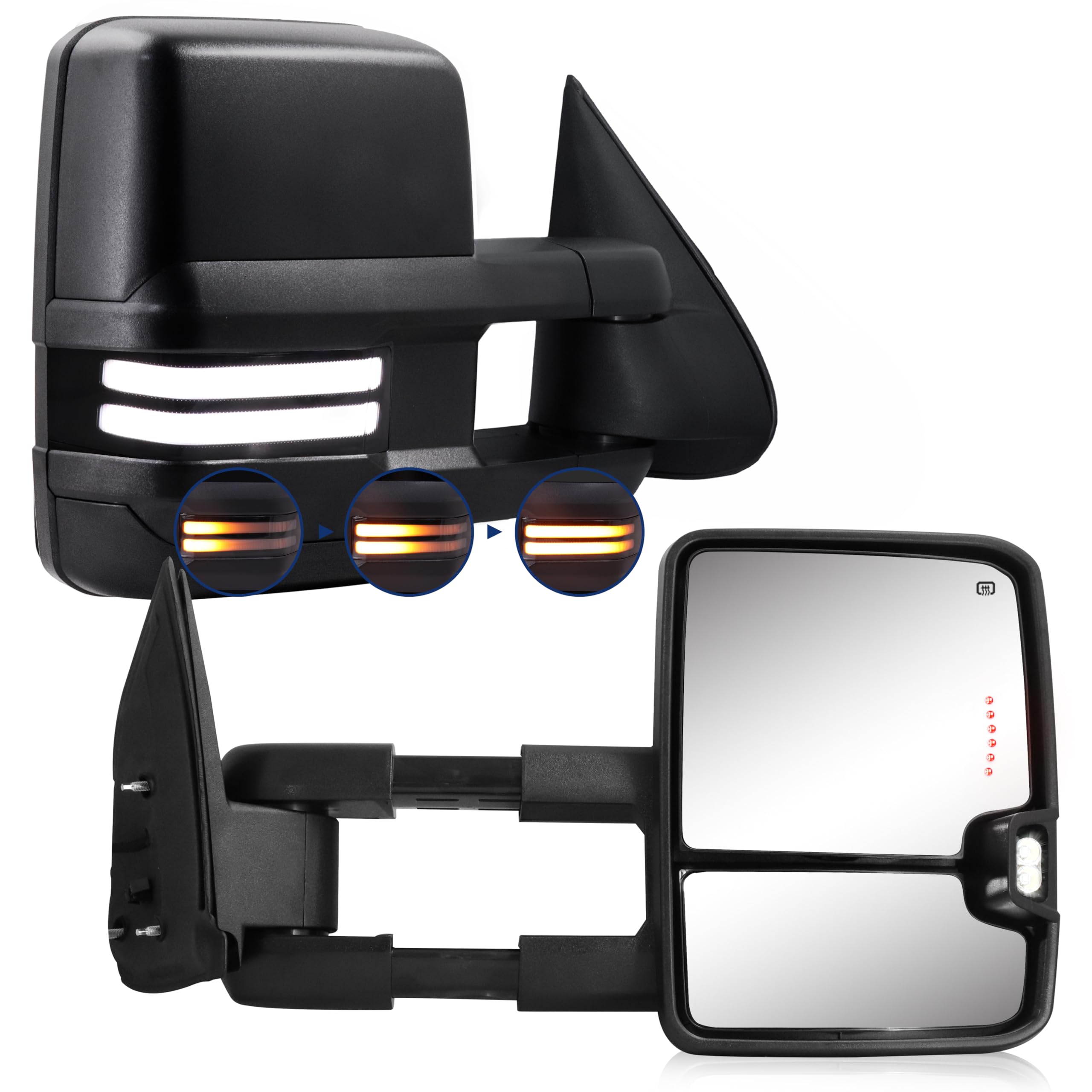 Switchback Towing Mirrors for 2003-2007 Chevy Silverado & GMC Sierra - Power Adjustable Heated Glass with Running Lights, Turn Signals & Backup Lamps (Black) | Enhanced Visibility for Towing & Night Driving