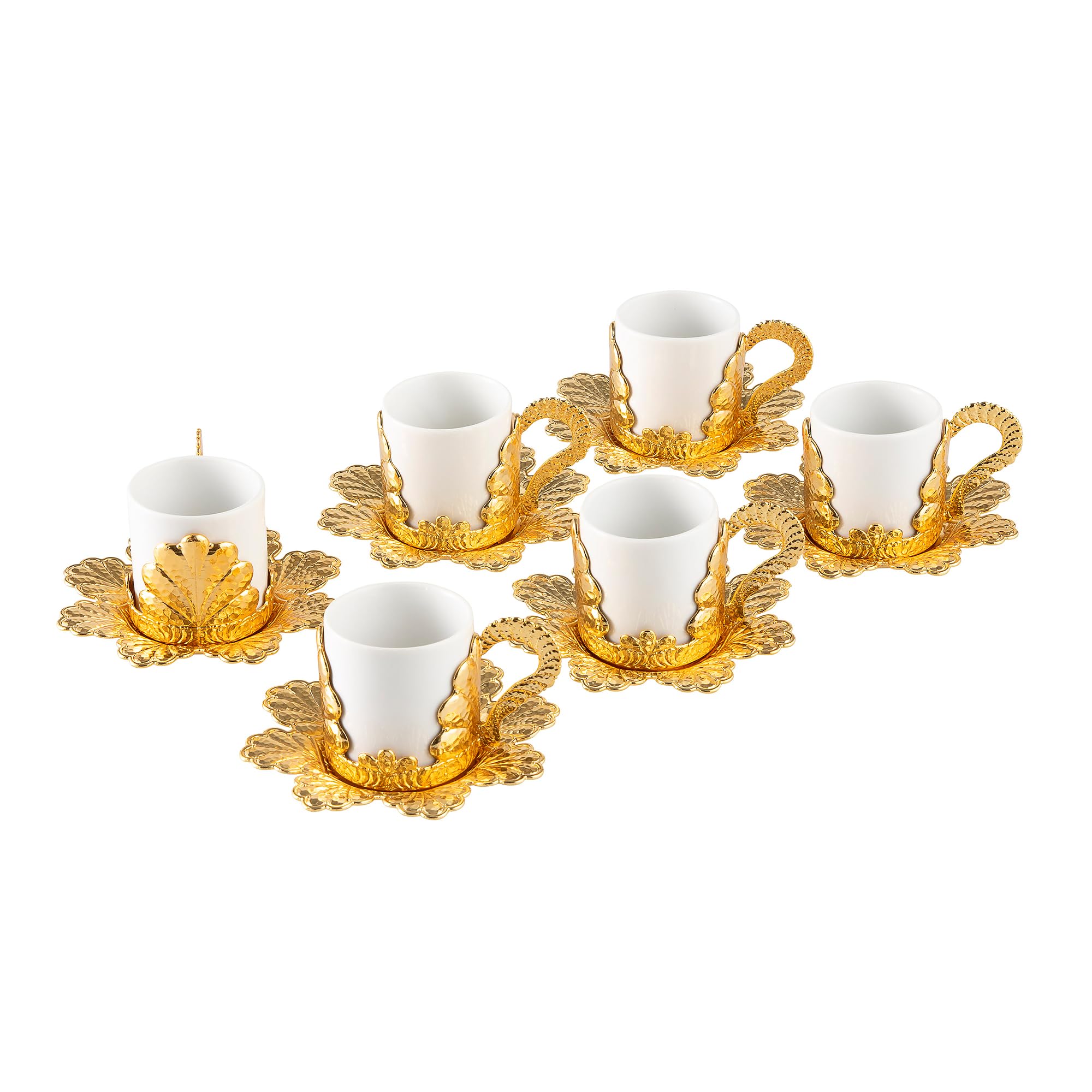 Authentic Handmade Turkish Coffee Cups Set of 6 - Porcelain Espresso Cups with Saucers, Arabic Greek Bosnian Coffee Gift Set (Damla Gold, 2.36 Oz) - Perfect for Home Brewing, Traditional Coffee Ceremonies & Unique Gift Giving