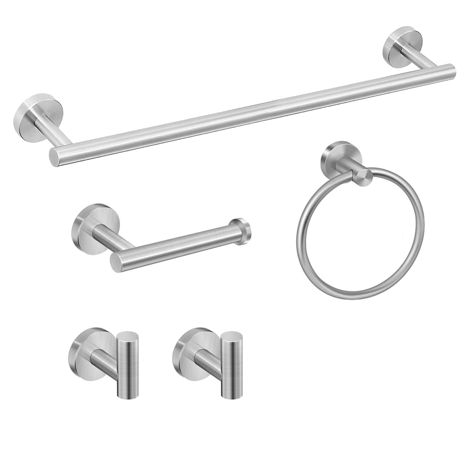 5-Piece Brushed Nickel Bathroom Hardware Set - Stainless Steel Towel Bar, Toilet Paper Holder, 180° Rotating Towel Ring & 2 Wall-Mounted Hooks | Modern Bathroom Accessories for Home & Hotel Decor (24-Inch Towel Rack Included) - Perfect for Powder Rooms, Master Baths & Spa-Style Retreats