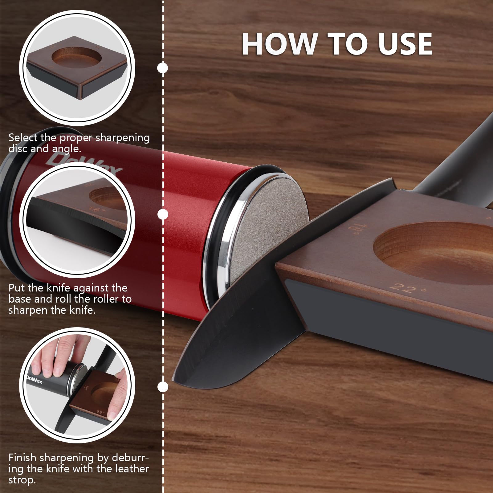 Upgraded Rolling Knife Sharpener with Leather Strop - 4 Degree Angle & 4 Replaceable Honing Discs - Easy Kitchen Knife Sharpening Tool - Perfect for Chefs, Home Cooks & Outdoor Enthusiasts - Red