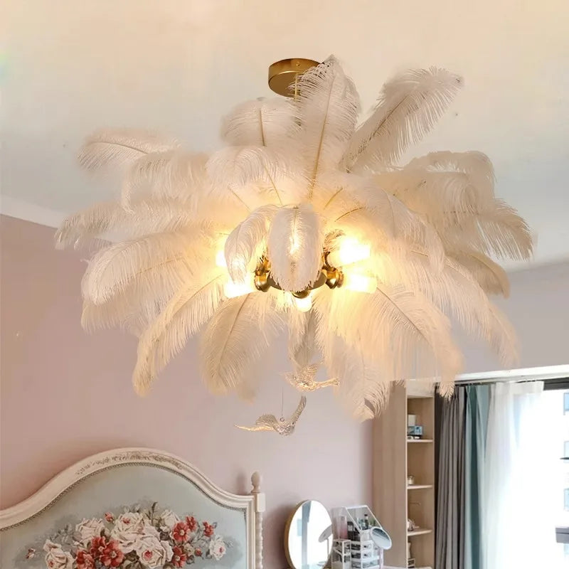 Divas Modern White Ostrich Feather Chandelier - Elegant Ceiling Light Fixture for Dining Room, Bedroom & Wedding Decor