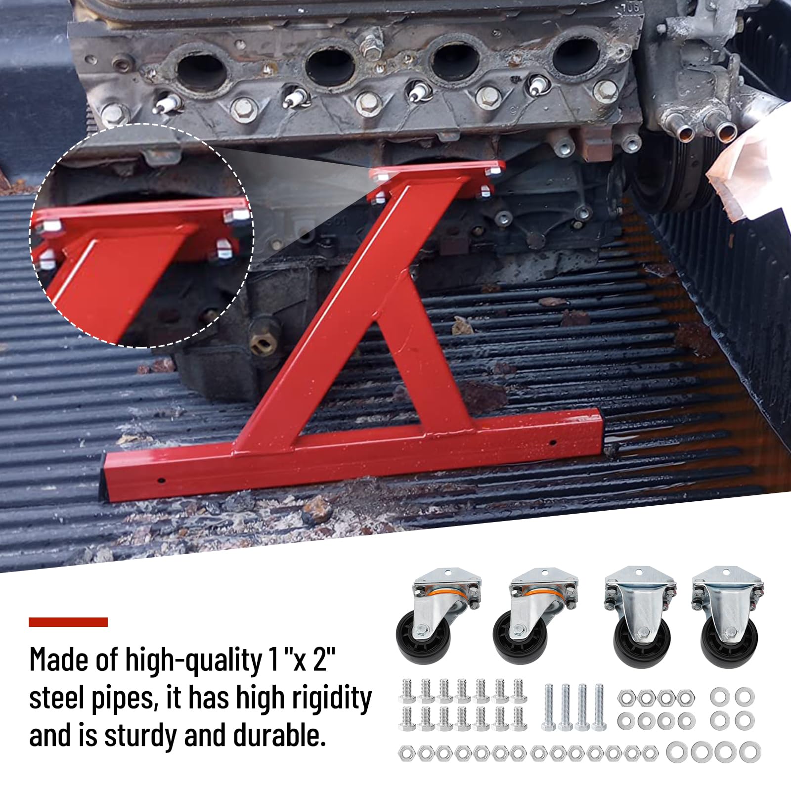 Chevy V8 LSX Rolling Engine Storage Stand with Heavy Duty Casters - Portable Engine Stand for Automotive Workshop, Garage & DIY Projects