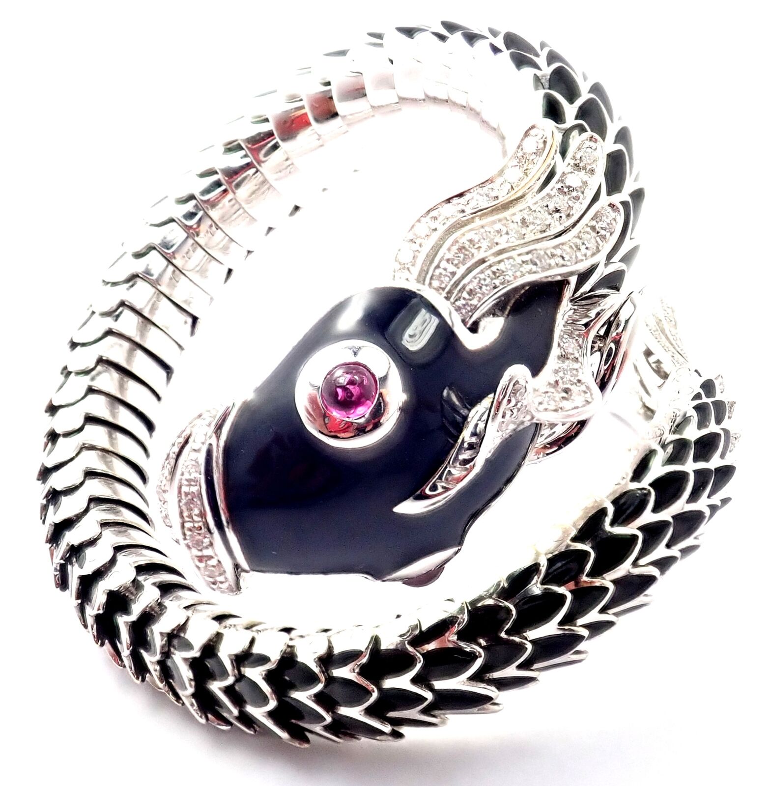 Authentic Roberto Coin Nemo 18k White Gold Diamond & Ruby Enamel Cuff Bracelet | Luxury Jewelry for Women | Perfect for Weddings, Parties & Special Occasions