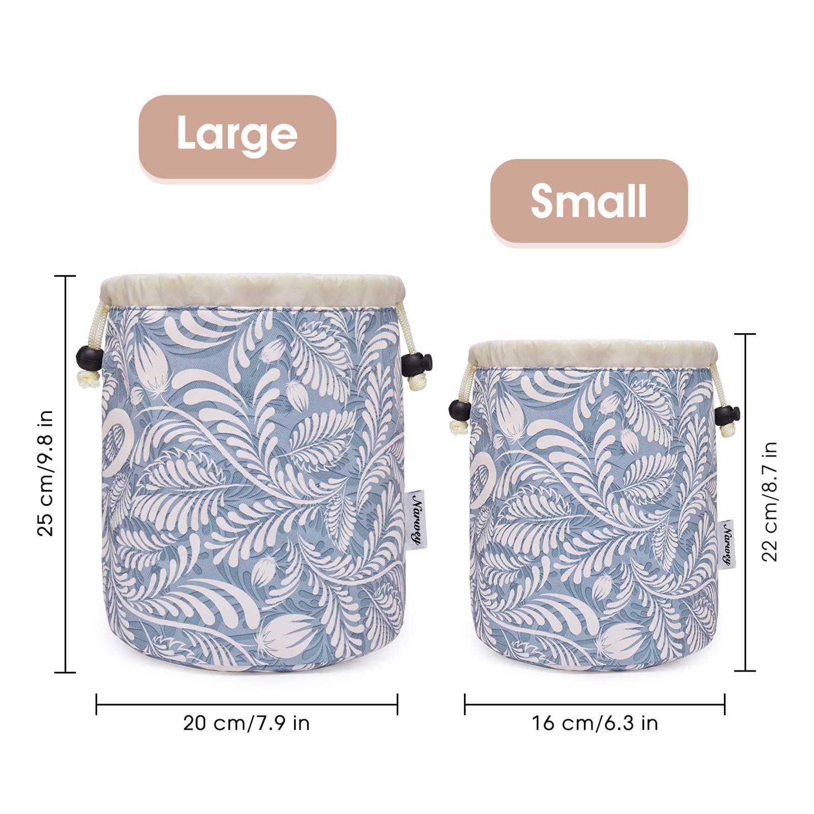 Waterproof Large Drawstring Makeup Bag for Women - Travel Cosmetic Organizer with Barrel Design (Blue Leaf Pattern) | Perfect for Gym, Beach & Weekend Getaways