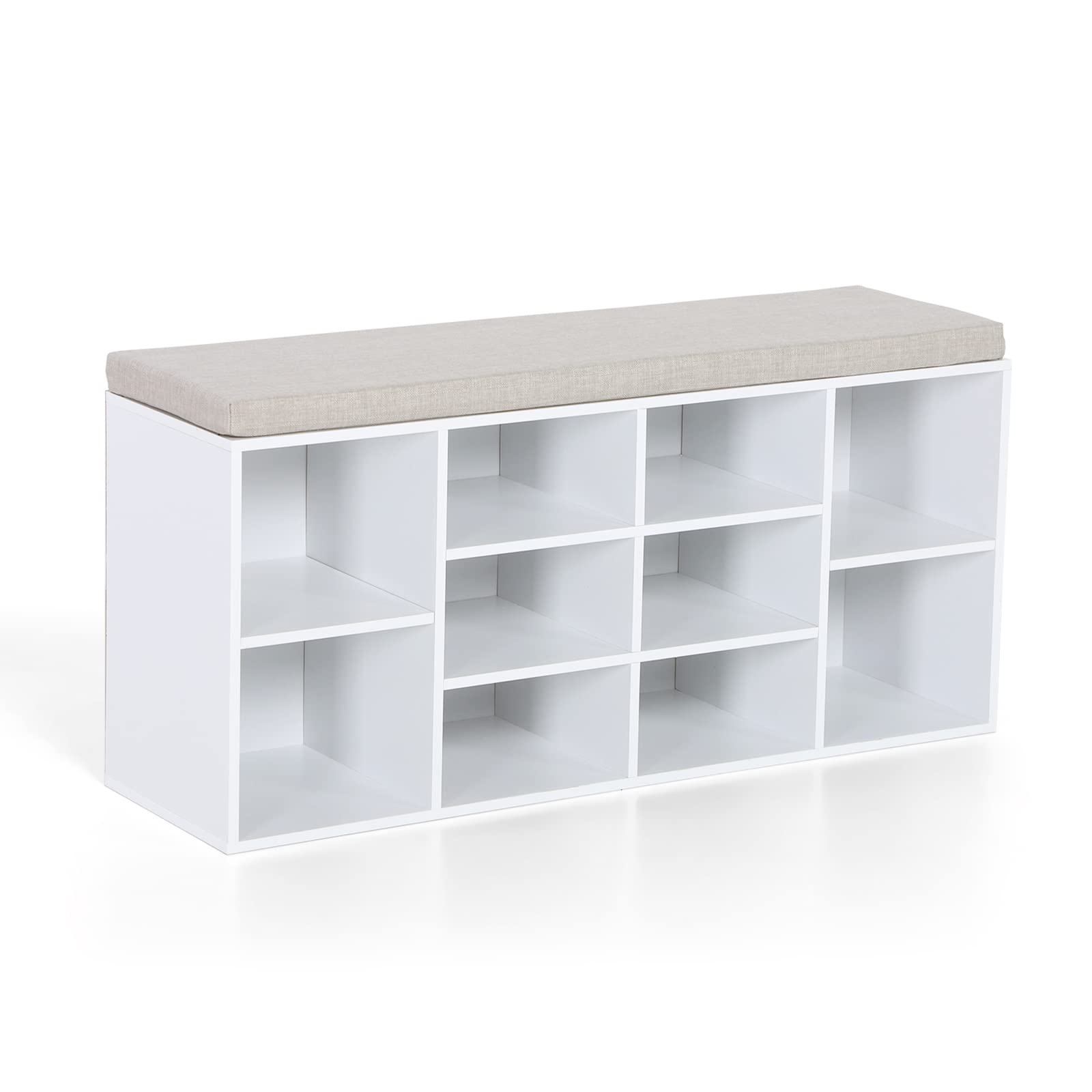 Sophia & William Entryway Shoe Bench with Cushion - 8 Compartment Storage Cabinet, Adjustable Shelves Freestanding Shoe Rack (400 lbs Capacity) - Perfect for Hallway, Mudroom & Closet Organization - White