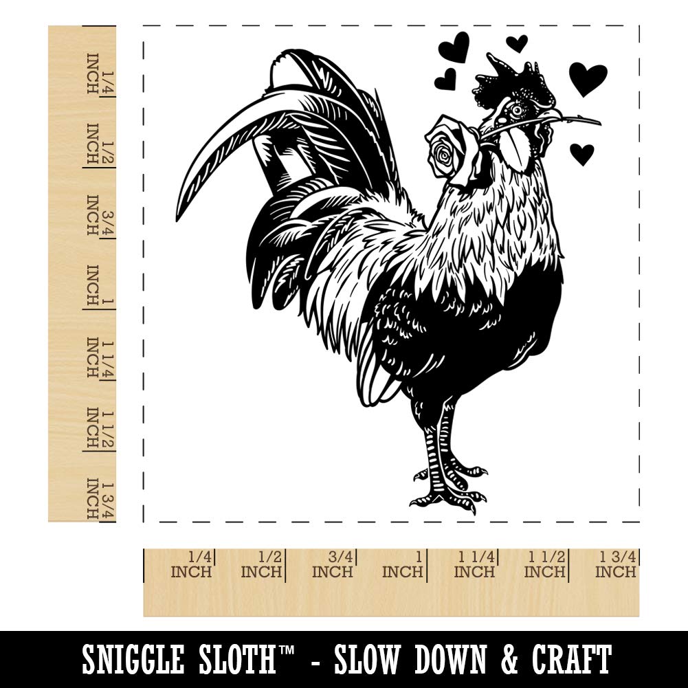 Valentine's Day Romeo Rooster Holding Rose Rubber Stamp - 1.75 Inch Medium Square Craft Stamp for DIY Cards, Scrapbooking & Gift Wrapping | Holiday Chicken Design for Valentine Crafts