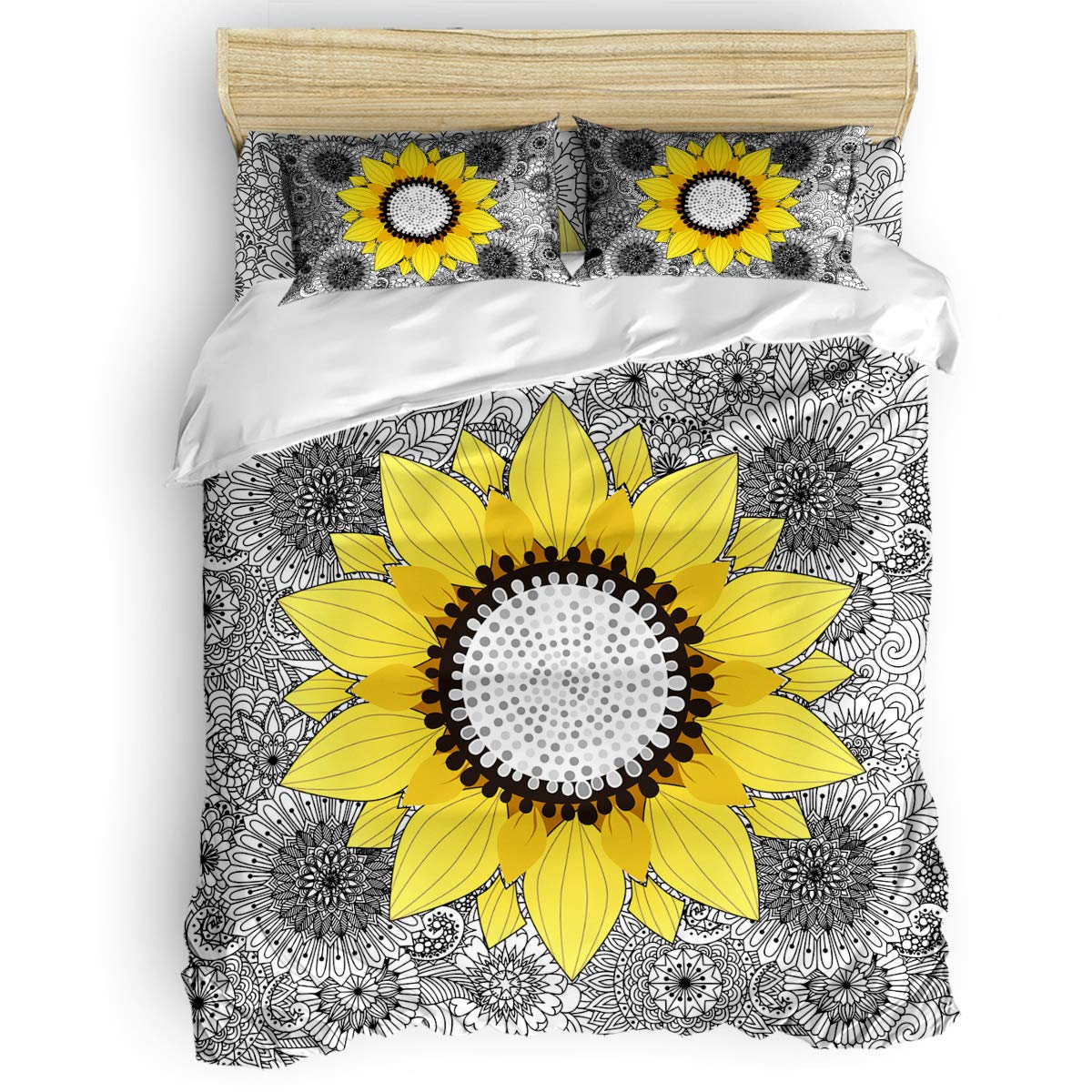 Sunflower Mandala 4-Piece Full Bedding Set with Comforter Cover, Fitted Sheet, Flat Sheet & 2 Pillowcases - Boho Chic Round Dot Design for Kids' Bedroom Decor (Girls/Boys) - Perfect for Teen Rooms, Dormitories & Guest Bedrooms