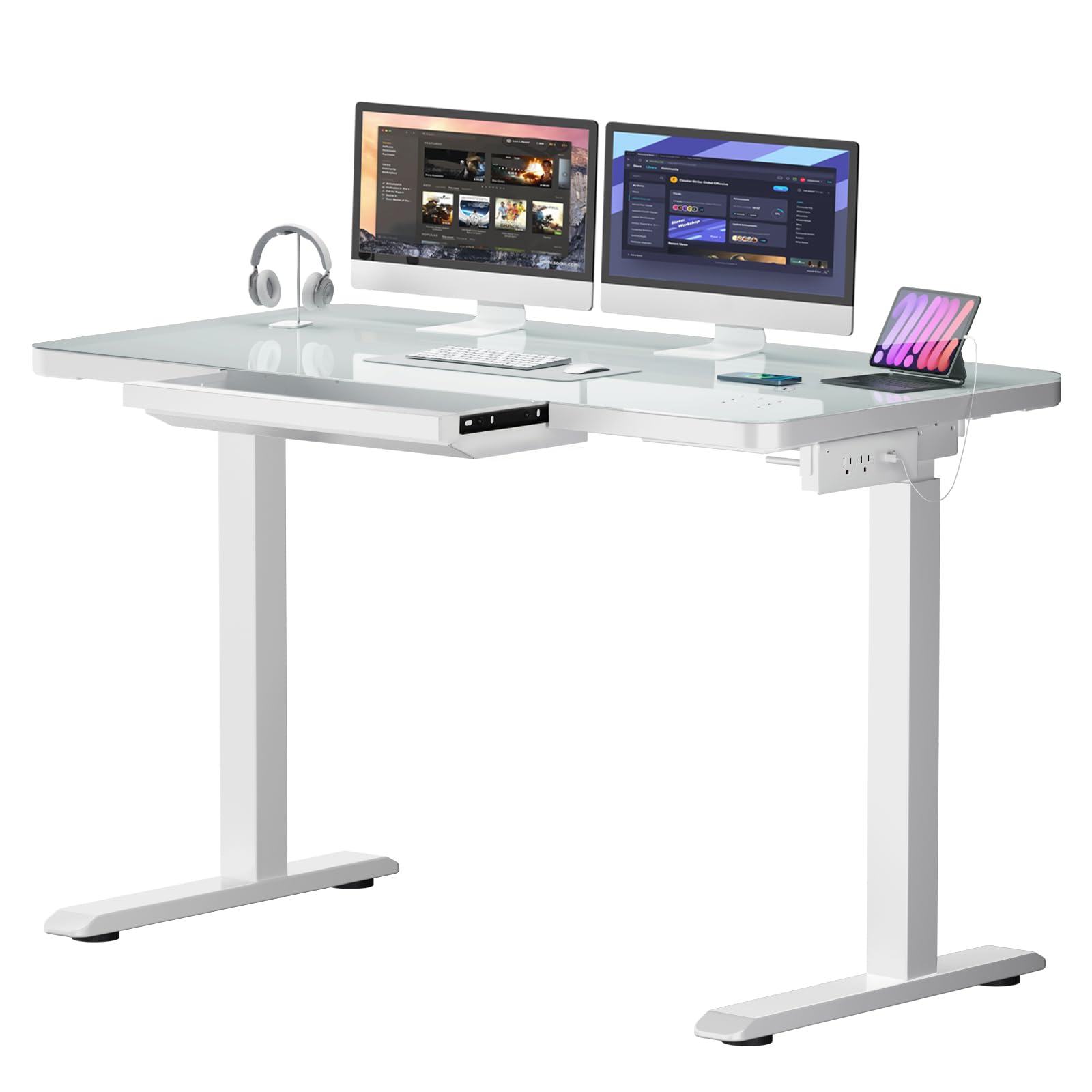 Adjustable Height Glass Standing Desk with Drawers - 45 x 23 Inch, Touch Control, Power Outlet, USB Ports & Wireless Charging - Dual Motor Sit Stand Desk for Home & Office (White) - Perfect for Remote Work, Gaming & Ergonomic Workspaces