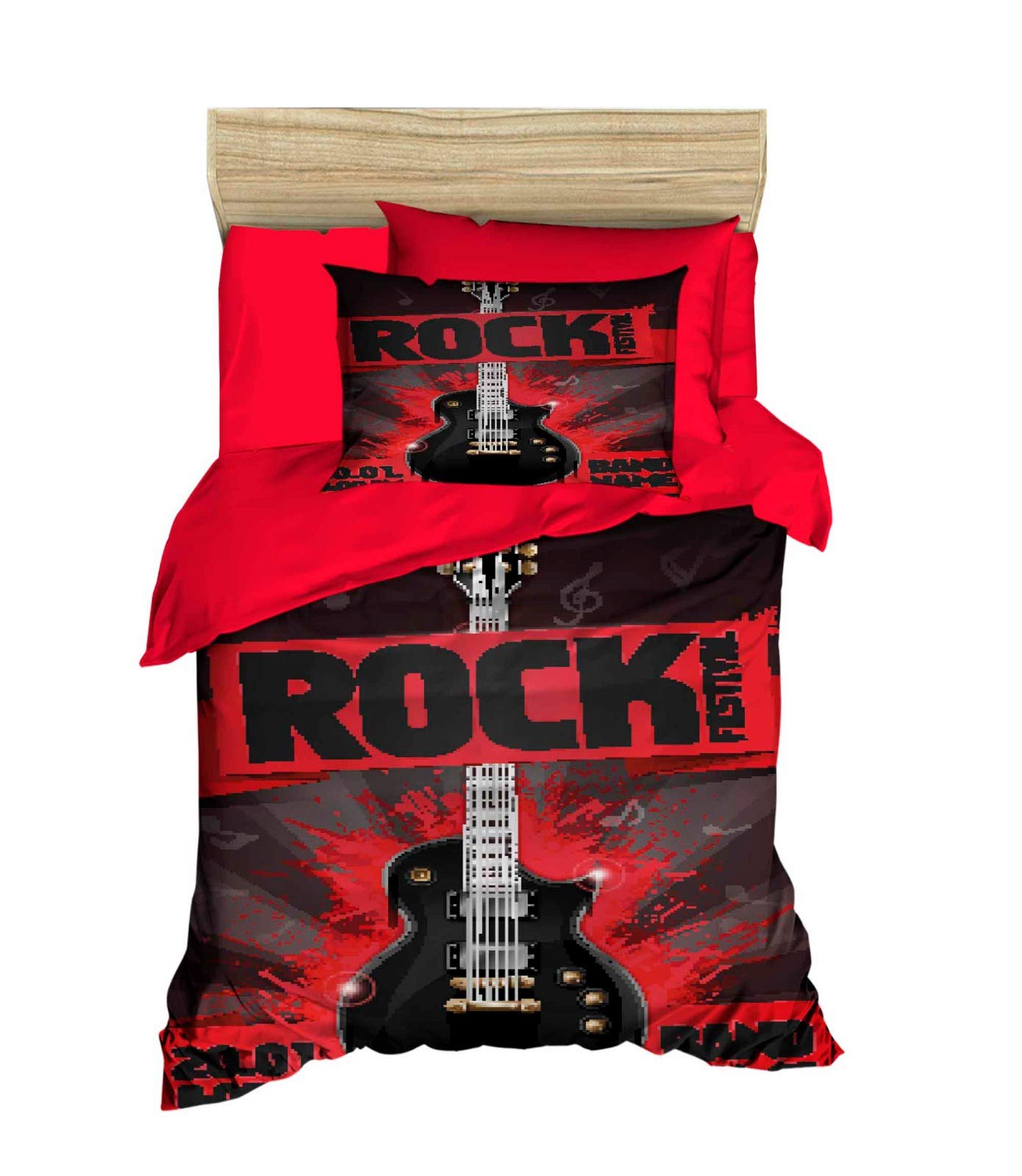 3D Music Bedding Set - Rock Guitar Themed Quilt & Duvet Cover Set - Single/Twin Size Bedding - Red Color - 5 Piece Set with Comforter - Perfect for Music Lovers' Bedrooms & Teen Rock Theme Decor