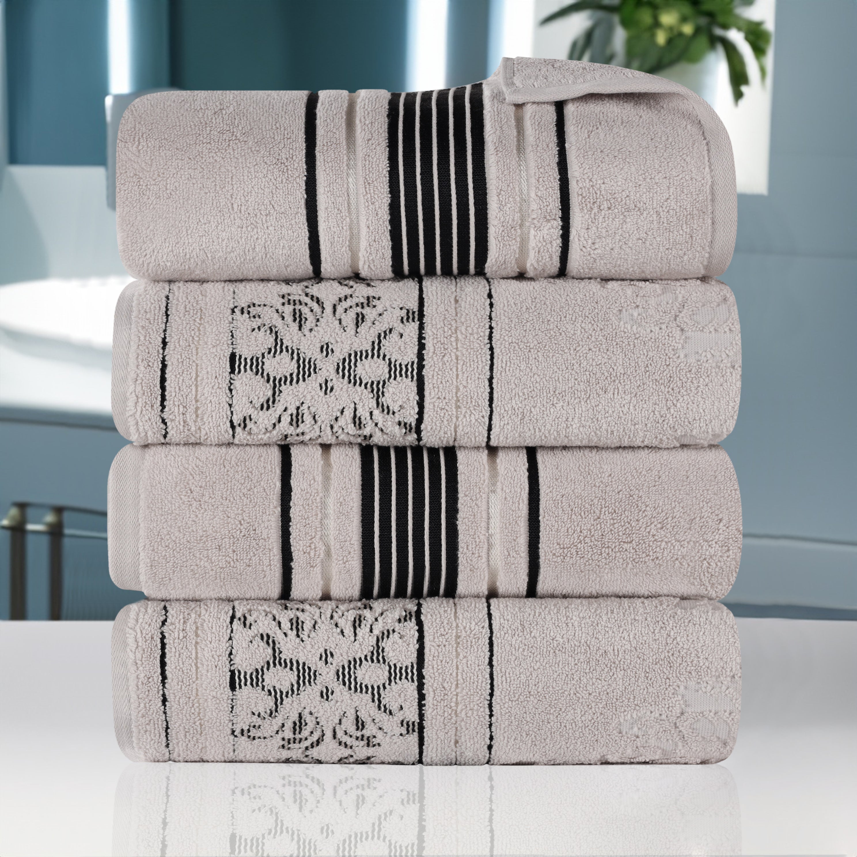 Premium 100% Zero Twist Cotton Bath Towel Set of 4 - Ultra Soft & Absorbent Solid & Jacquard Floral Design - Perfect for Spa, Bathroom & Luxury Home Decor