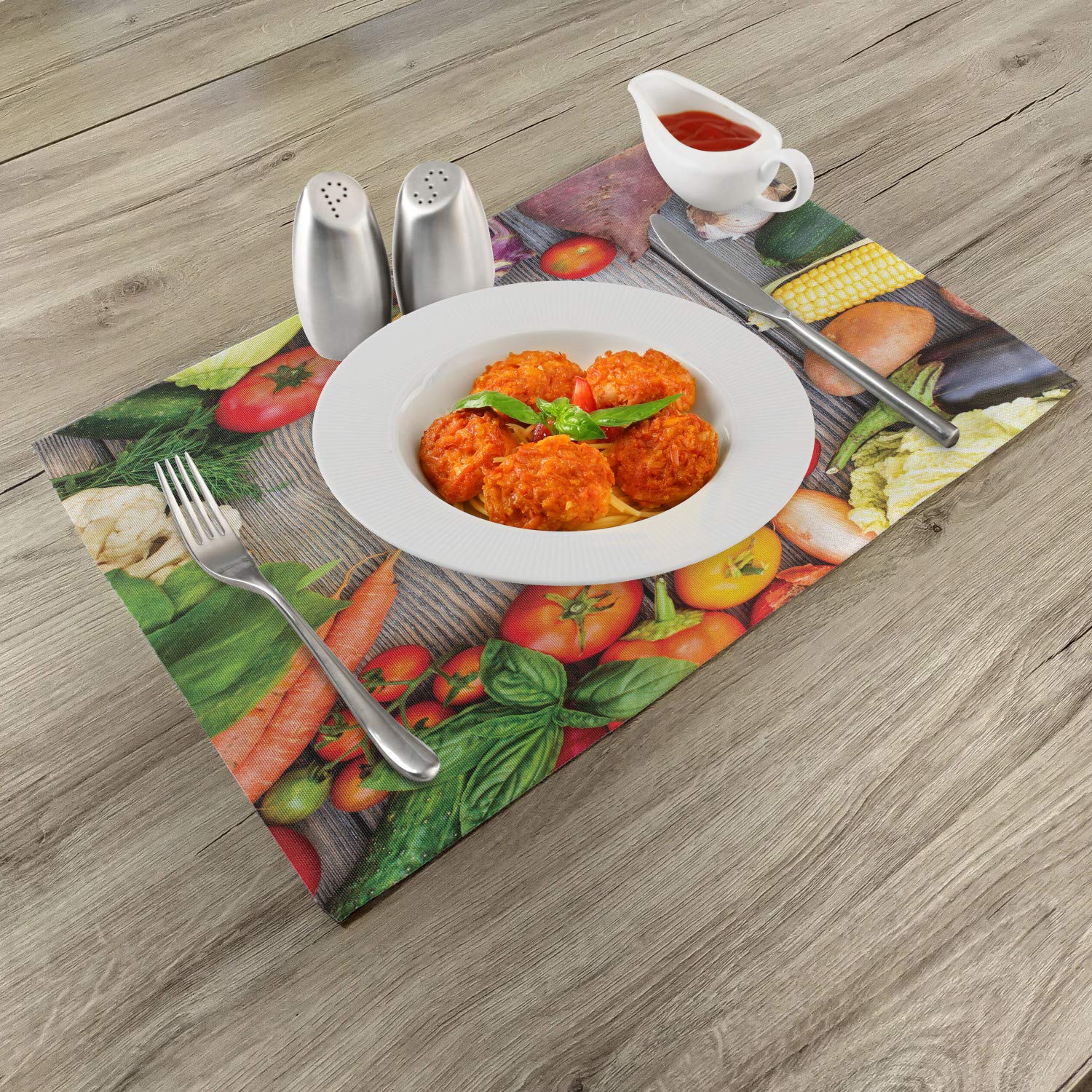Lunarable Washable Fabric Placemats Set of 4 - Vegetable Theme (Carrot, Corn, Cucumber, Cabbage) for Dining Table, Standard Size, Red & Yellow - Perfect for Kitchen, Restaurant, and Home Decor