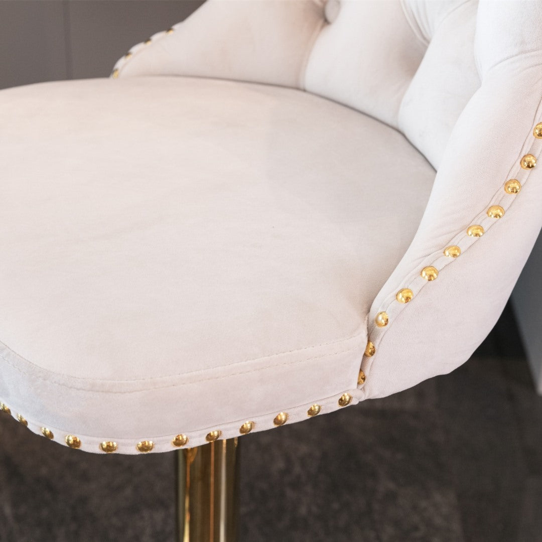 Adjustable Height Swivel Bar Stools with Footrest - Velvet Upholstered, Gold Metal Base, Beige - Perfect for Kitchen Islands, Home Bars & Breakfast Nook Seating