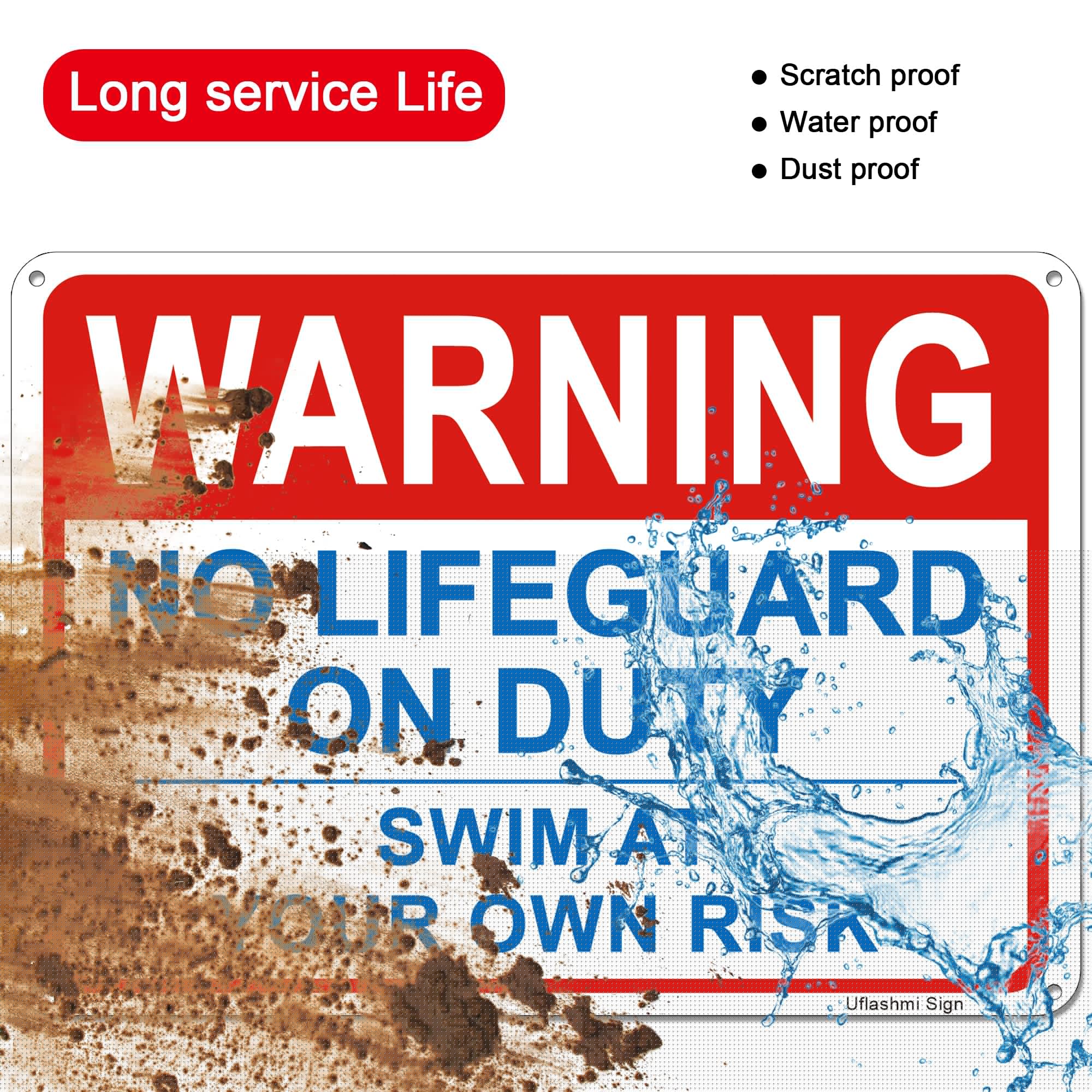 Uflashmi 10x14 Inch Metal 'No Lifeguard On Duty - Swim at Your Own Risk' Warning Sign for Outdoor Pools - Durable Safety Signage for Backyard, Public & Community Pools