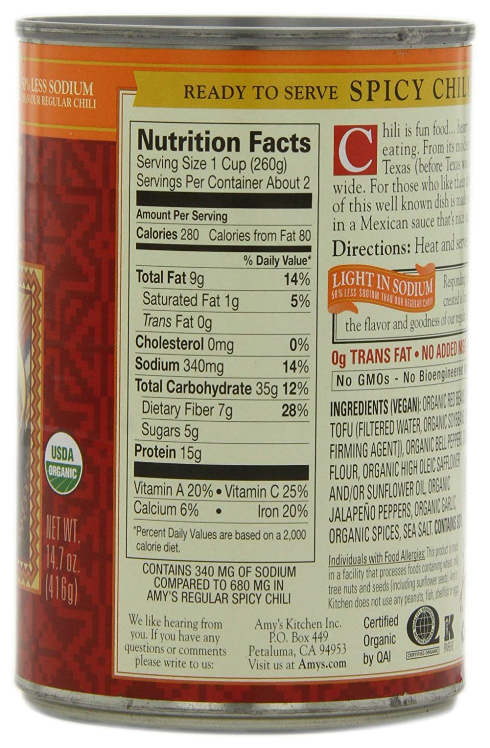 Amy's Organic Vegan Spicy Chili - Low Sodium, Gluten Free, Made with Red Beans & Tofu - 14.7 Oz (12 Pack) - Perfect for Camping, Quick Lunches & Emergency Food Storage
