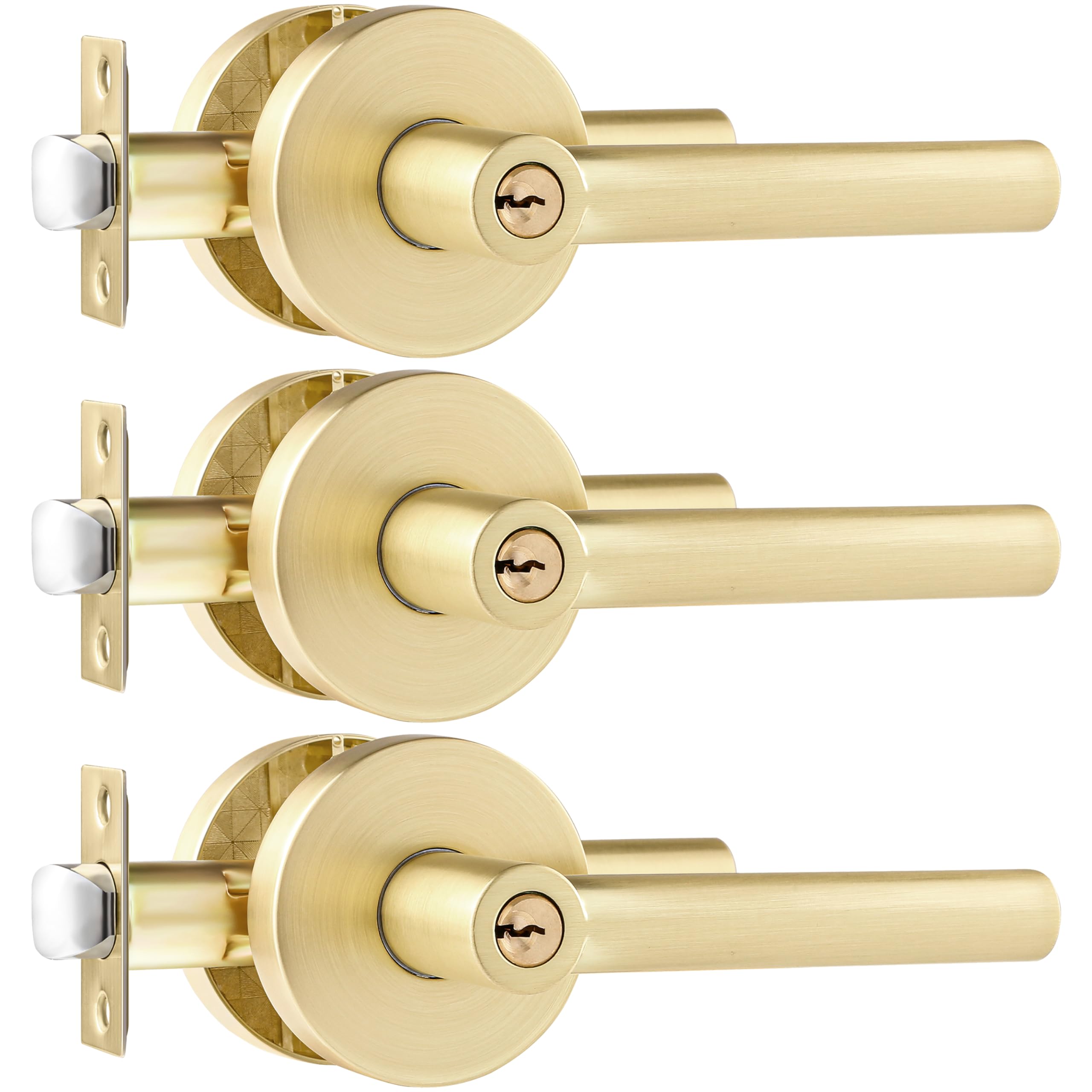 Leydebong 3 Pack Heavy Duty Exterior Door Handleset with Lock & Key - Keyed Alike, Gold Lever Handle for Left or Right Hand Doors | Secure Entry for Homes, Offices & Apartments