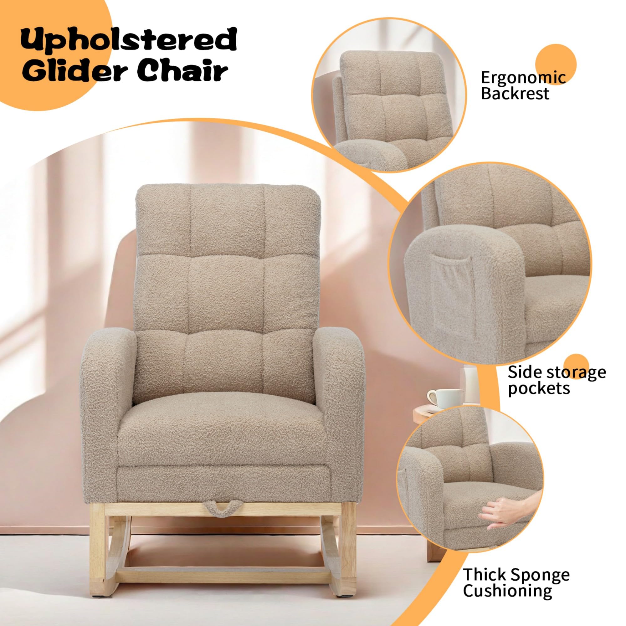 **Adjustable Nursery Rocking Chair with Footrest – Solid Wood Legs, Teddy Fabric, High Backrest & Side Pockets – Comfortable Lounge Armchair for Living Room, Nursery, or Bedroom (Light Coffee)**    *(Perfect for nursing, reading, relaxing, or as a stylish accent chair in your home decor.)*