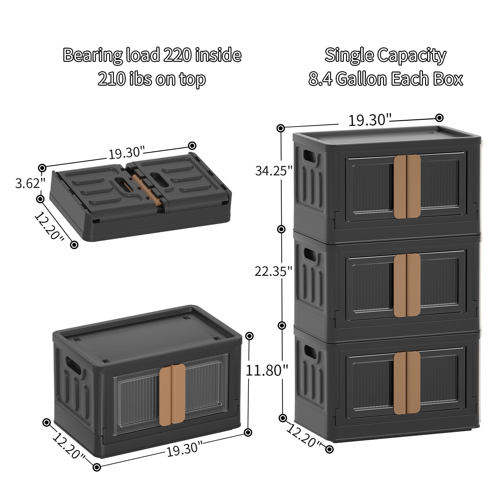 HAIXIN 47Qt Black Stackable Storage Bins with Lids (3-Pack) - Foldable Plastic Storage Containers for Closet Organization, Home & Office Use - Perfect for Clothes, Toys, Seasonal Items Storage