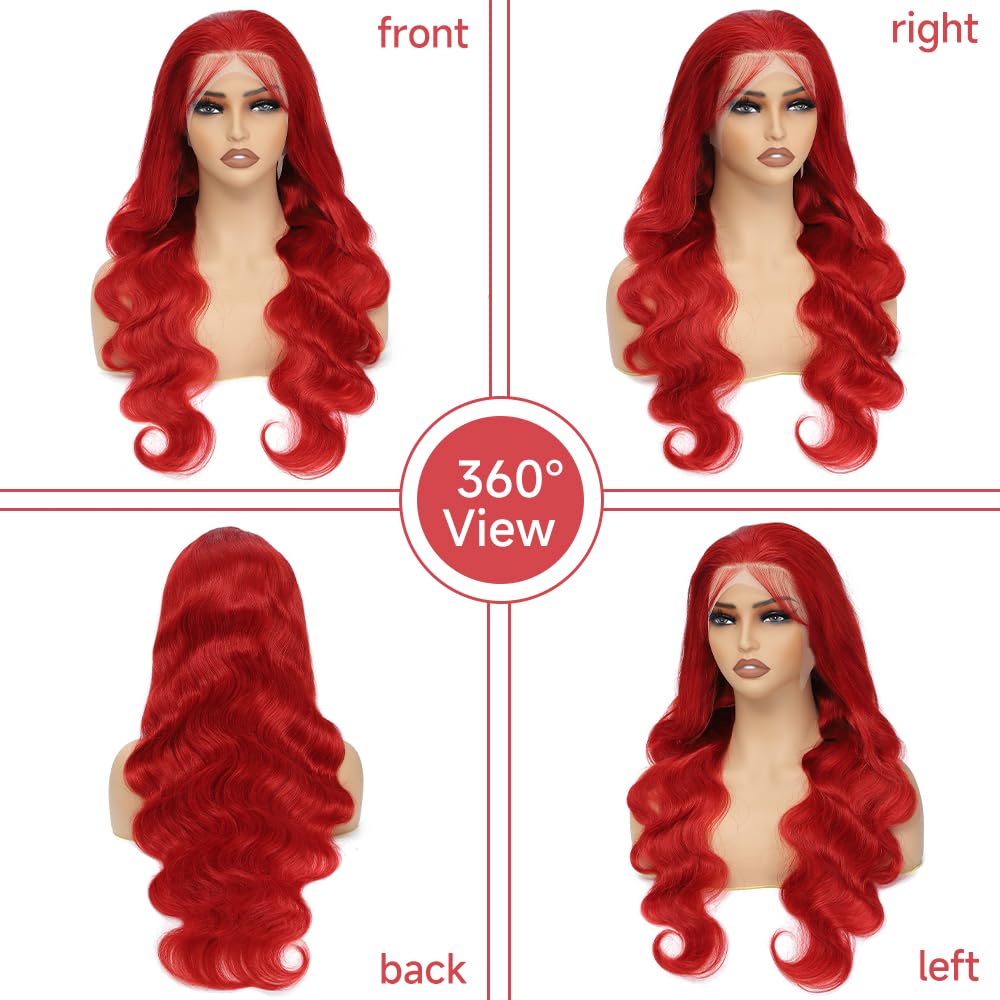 13x4 HD Lace Front Wig Human Hair - 30 Inch Red Body Wave Pre Plucked Glueless Wig 180% Density | Perfect for Cosplay, Halloween, Daily Wear & Special Occasions