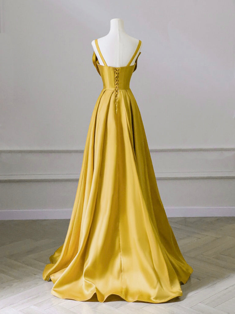 Elegant A-Line Sweetheart Neck Satin Yellow Long Prom Dress for Formal Events & Evening Parties - Perfect for Homecoming, Graduation, and Special Occasions
