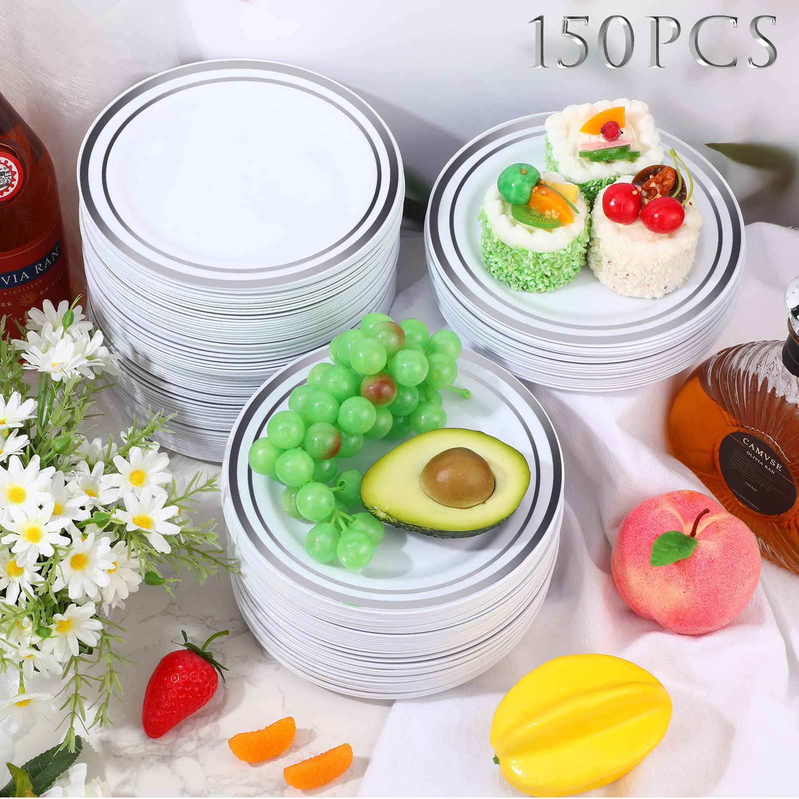150-Piece Disposable Plastic Plates Set - 7.5 Inch White Silver Salad & Dessert Plates with Decorative Rim - Bulk Party Supplies for Weddings, Birthdays, Picnics & Catering Events (Ideal for Serving Cakes, Appetizers & Finger Foods)