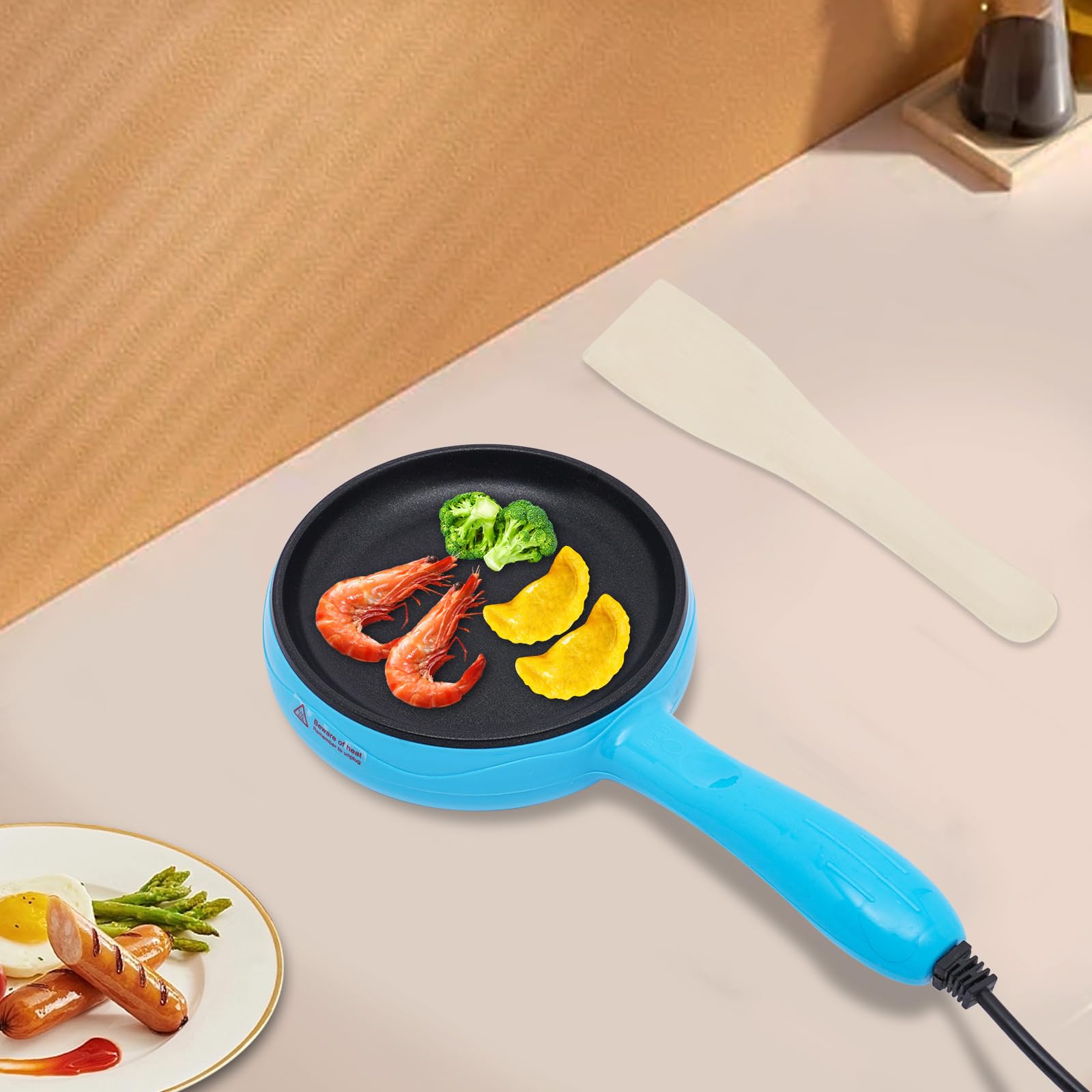 6-Inch Non-Stick Electric Skillet - Rapid Heating Mini Griddle for Pancakes, Eggs & Snacks | Portable Breakfast & Lunch Solution for Dorms, Offices & Travel | Blue/Yellow/Pink (Blue)