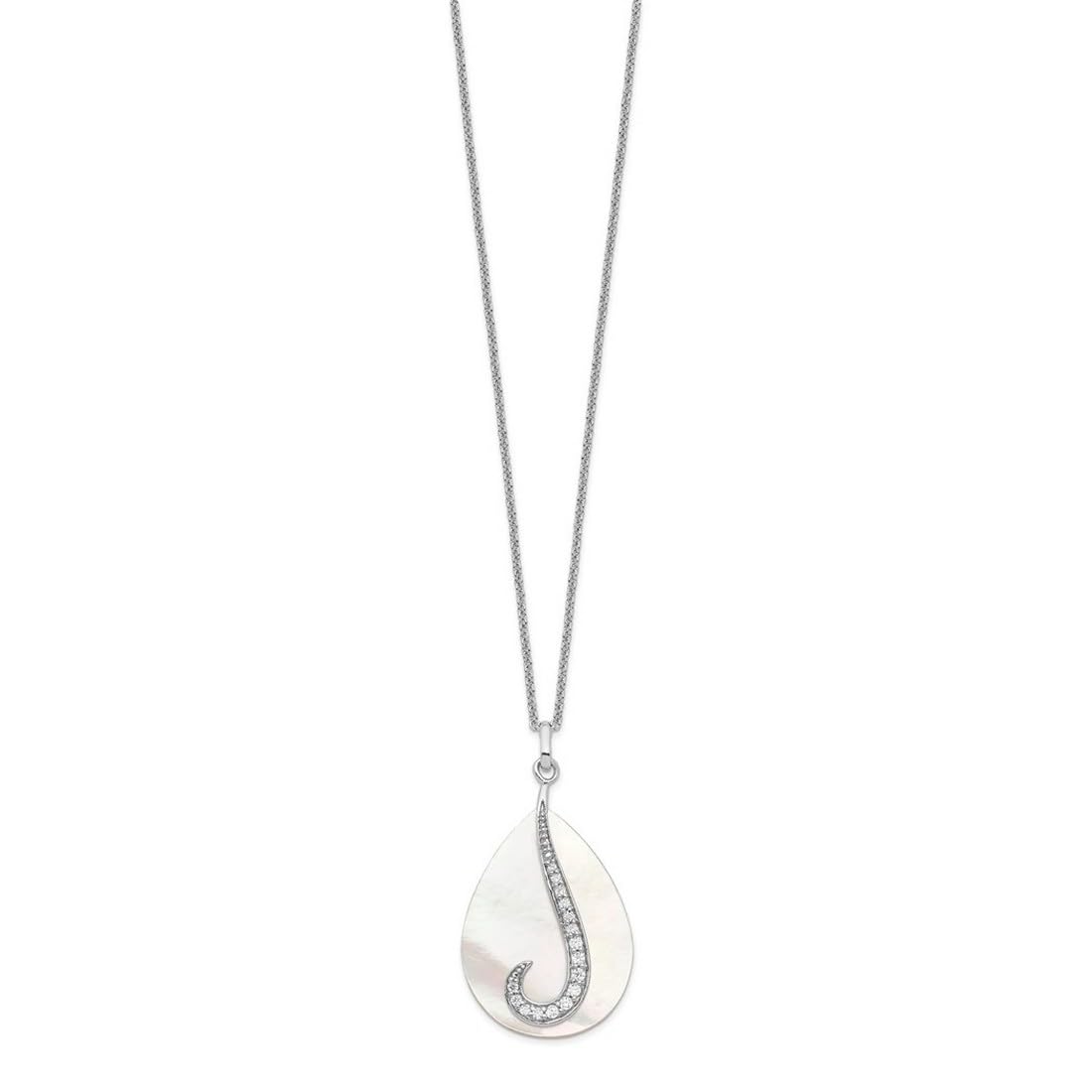 925 Sterling Silver Polished Spring Ring Necklace with Simulated Mother of Pearl & Cubic Zirconia Pendant - 18 Inch Elegant Tear Drop Jewelry for Women, Perfect for Weddings, Anniversaries and Special Occasions