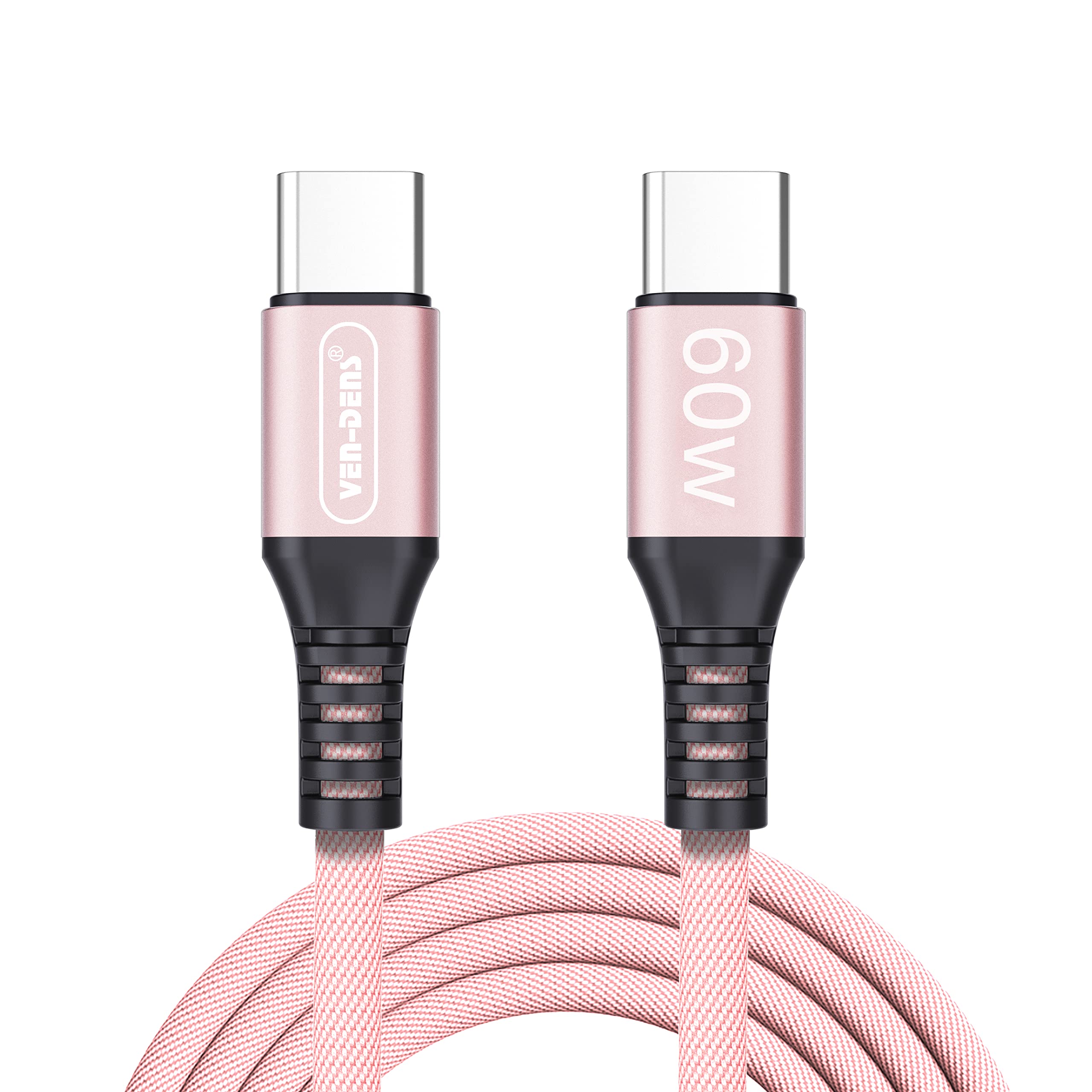 VEN-DENS USB C to USB C Fast Charging Cable - 60W Super Fast Charge & Data Sync - Nylon Braided Type C Cable for iPhone 16/16 Plus/16 Pro/16 Pro Max/15/15 Plus/15 Pro/15 Pro Max (Rose Gold) - Perfect for Travel, Home & Office Charging