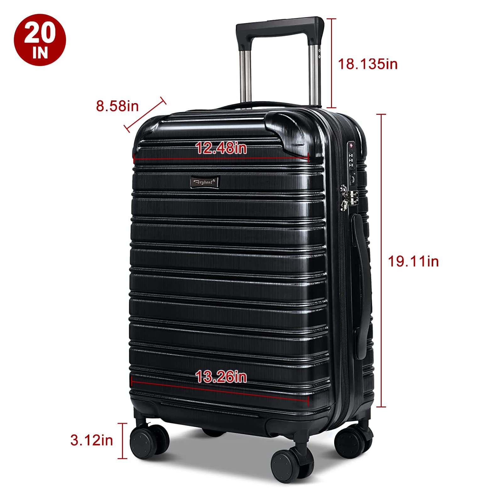 20 Inch Lightweight Hardshell Carry On Luggage with Spinner Wheels - TSA Lock, Airline Approved (22x14x9 Inches) - Durable PC+ABS Black Rolling Suitcase for Business Travel, Weekend Getaways & Airplane Overhead Bin Storage