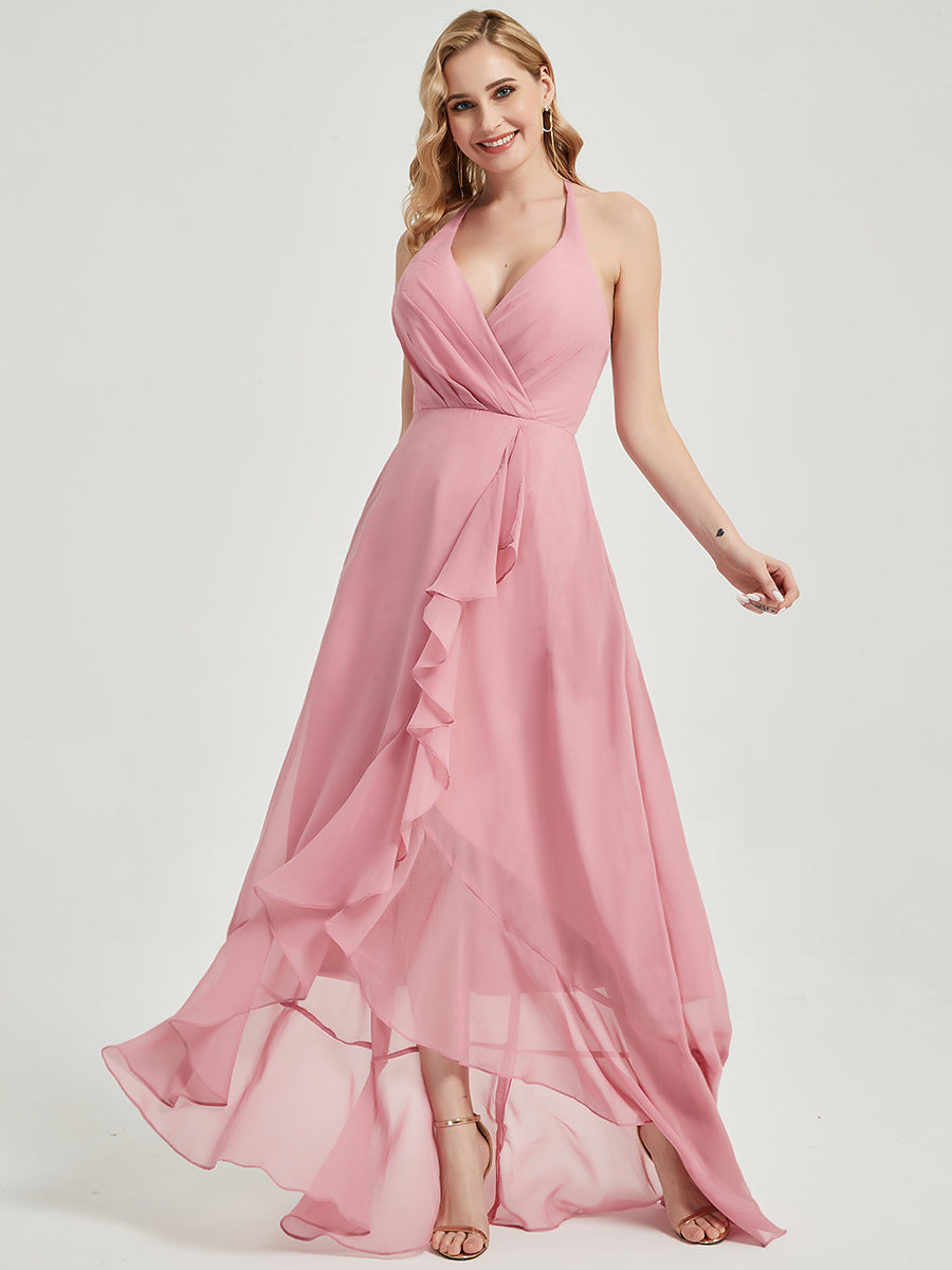 Elegant Candy Pink Halter V-Neck Backless High-Low Chiffon Bridesmaid Dress for Wedding Party & Formal Events