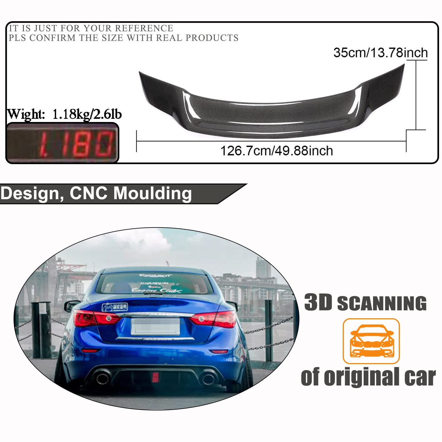 Carbon Fiber Trunk Spoiler for Infiniti Q50 Q50S Sedan 2013-2021 - High Kick Rear Wing Lip Spoiler - OEM Style Boot Lid Upgrade - Perfect for Car Enthusiasts & Street Racing Style