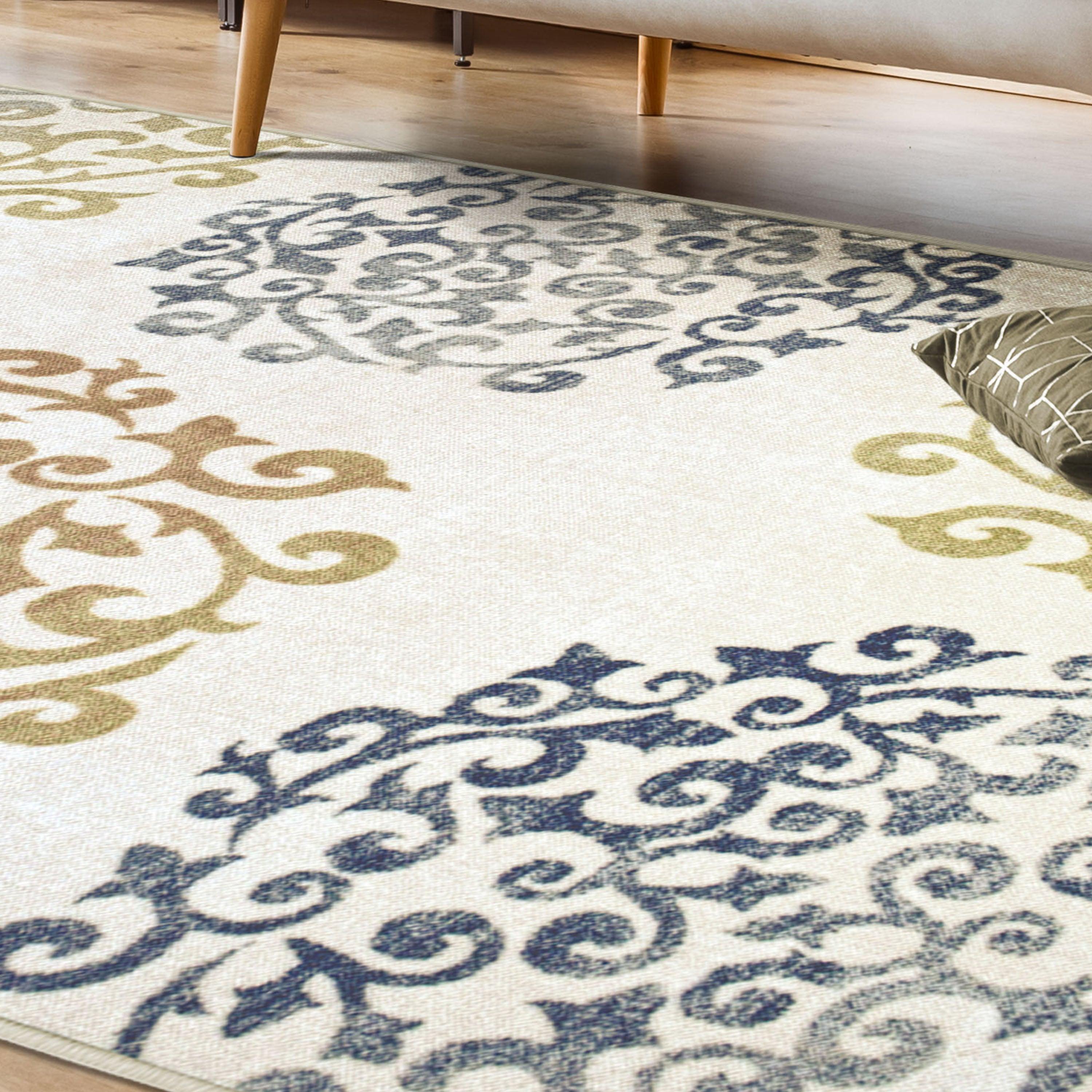 Non-Slip Washable Amber Floral Scroll Indoor Area Rug or Runner - Perfect for Living Room, Bedroom, and Hallway Decor