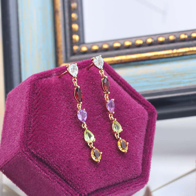 Simple Citrine Amethyst Multi Birthstone Drop Earrings - Elegant Dangle Jewelry for Women | Perfect for Weddings, Parties & Everyday Wear | HJZB 098